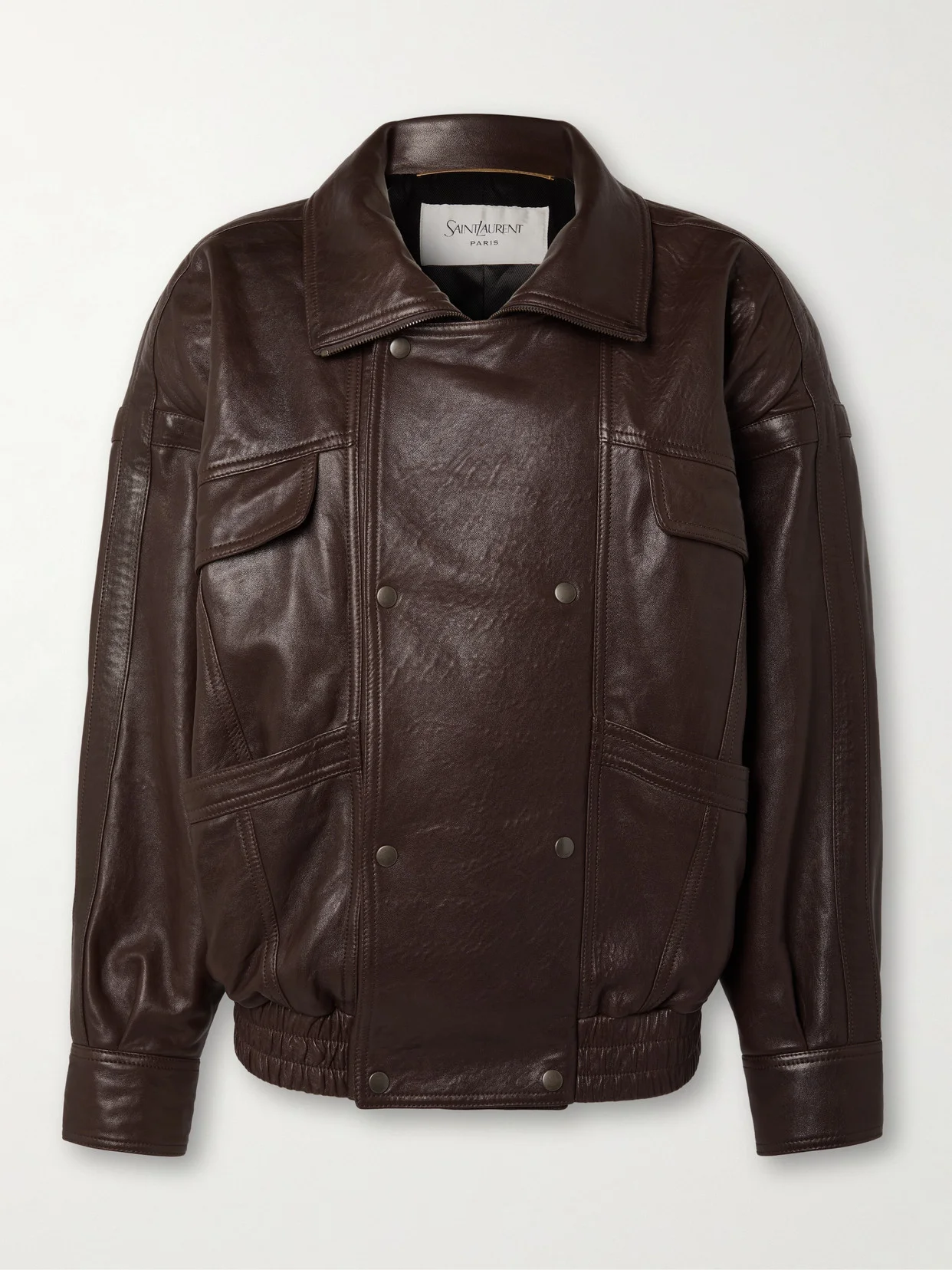 Oversized Double-breasted Paneled Leather Jacket - 1