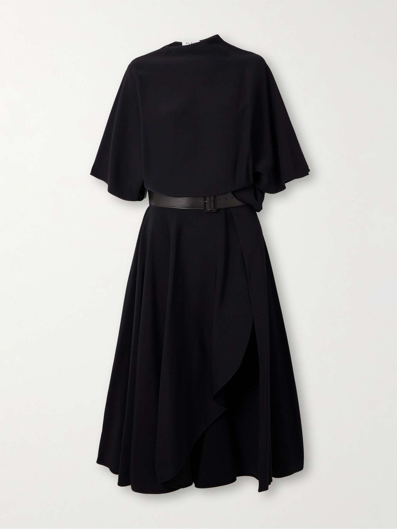 Asymmetric draped leather-trimmed cady midi dress Black - 1