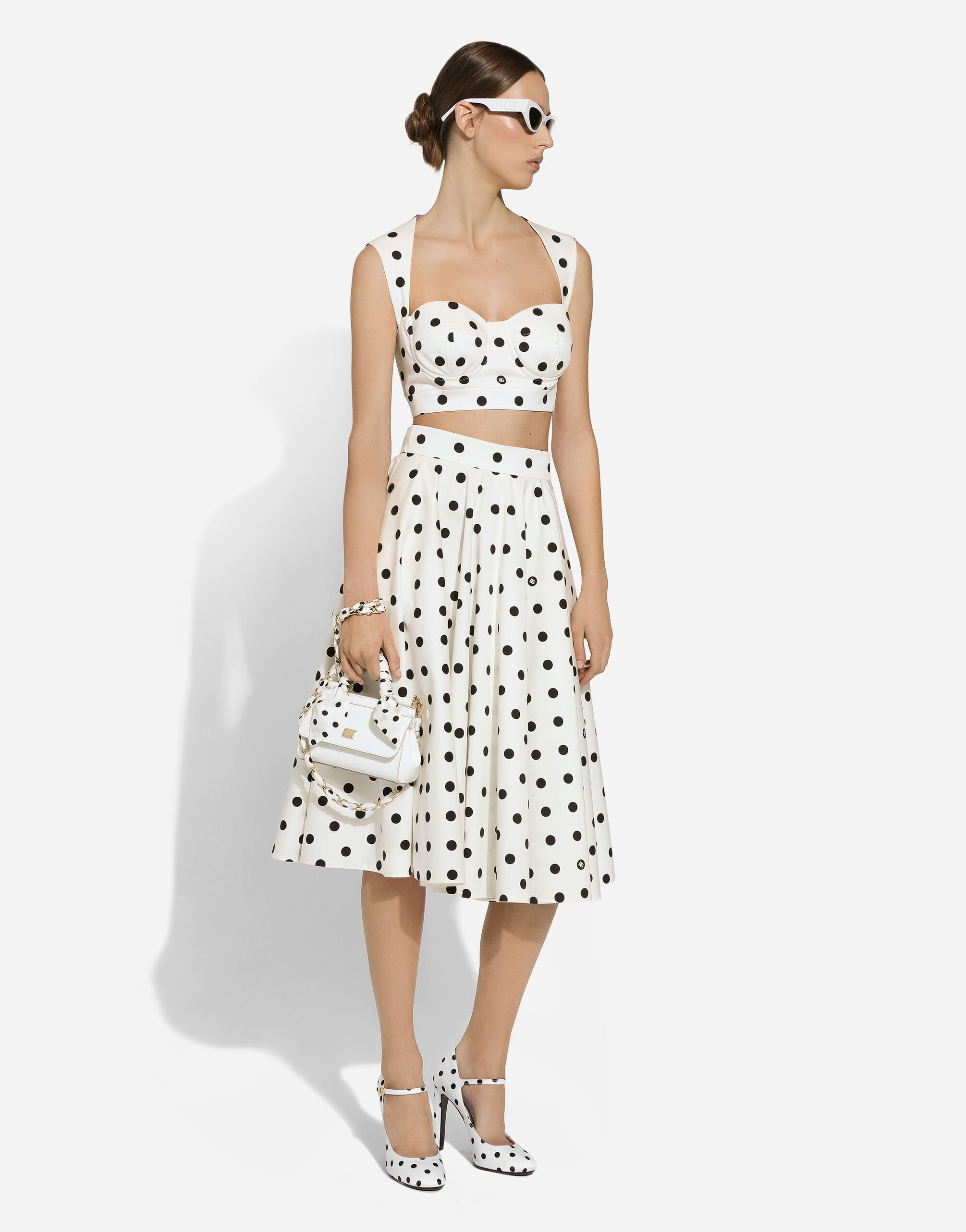 Cotton drill calf-length circle skirt with polka-dot print - 2