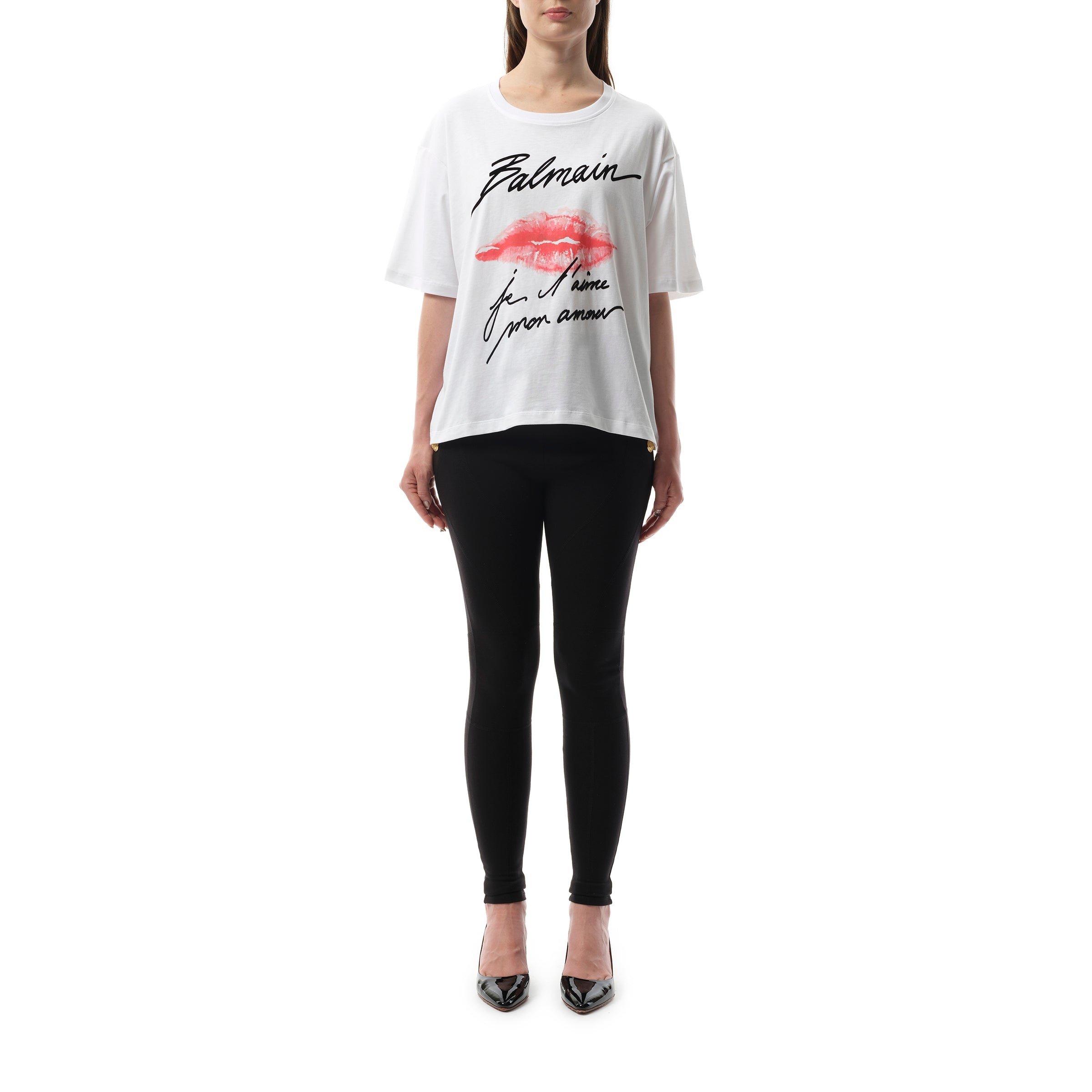 Balmain Kiss Print T-Shirt in White/Black/Red - 4