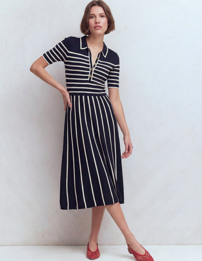 Collared Knitted Midi Dress-French Navy and Ivory Stripe - 1