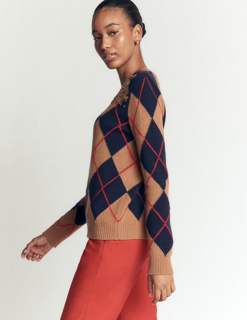 Embellished Jacquard Sweater-Camel Melange Argyle 6