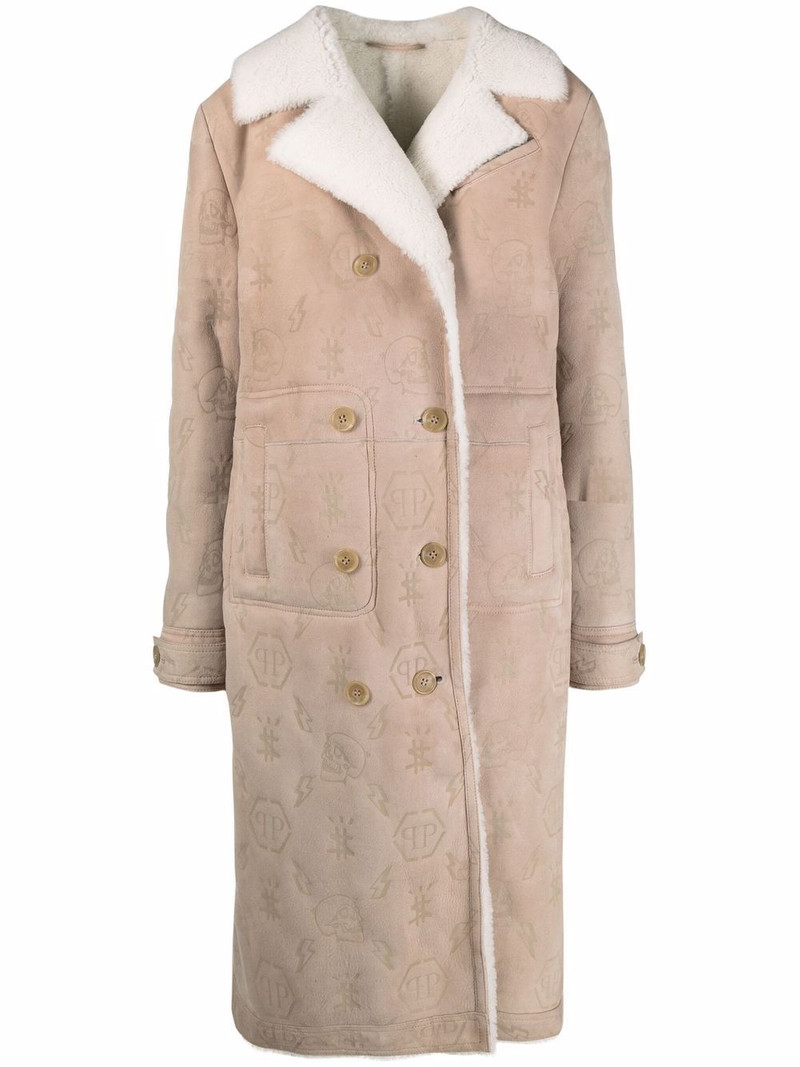 monogram-embossed long shearling coat 1