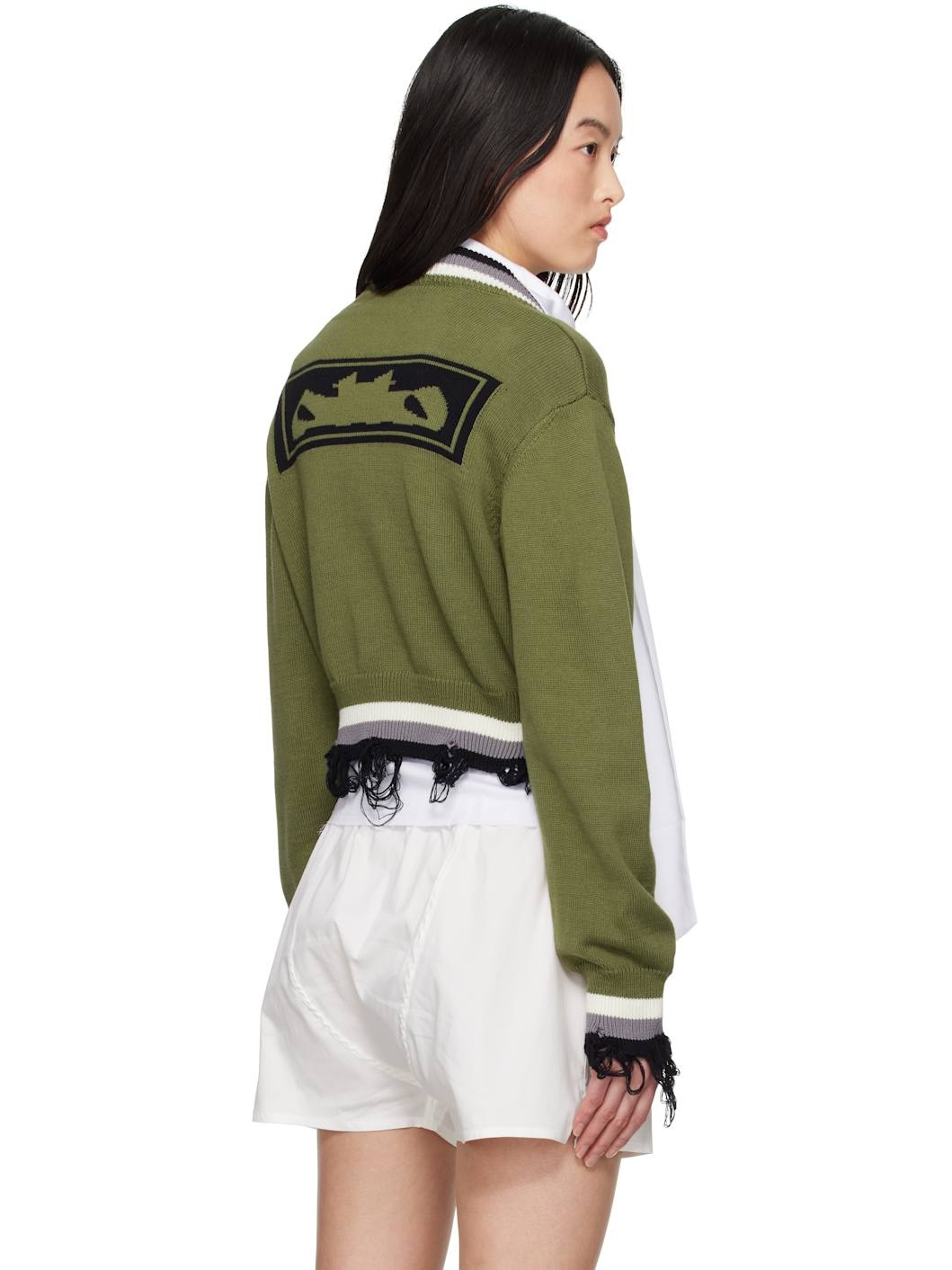 Green Cropped V-neck Sweater - 3