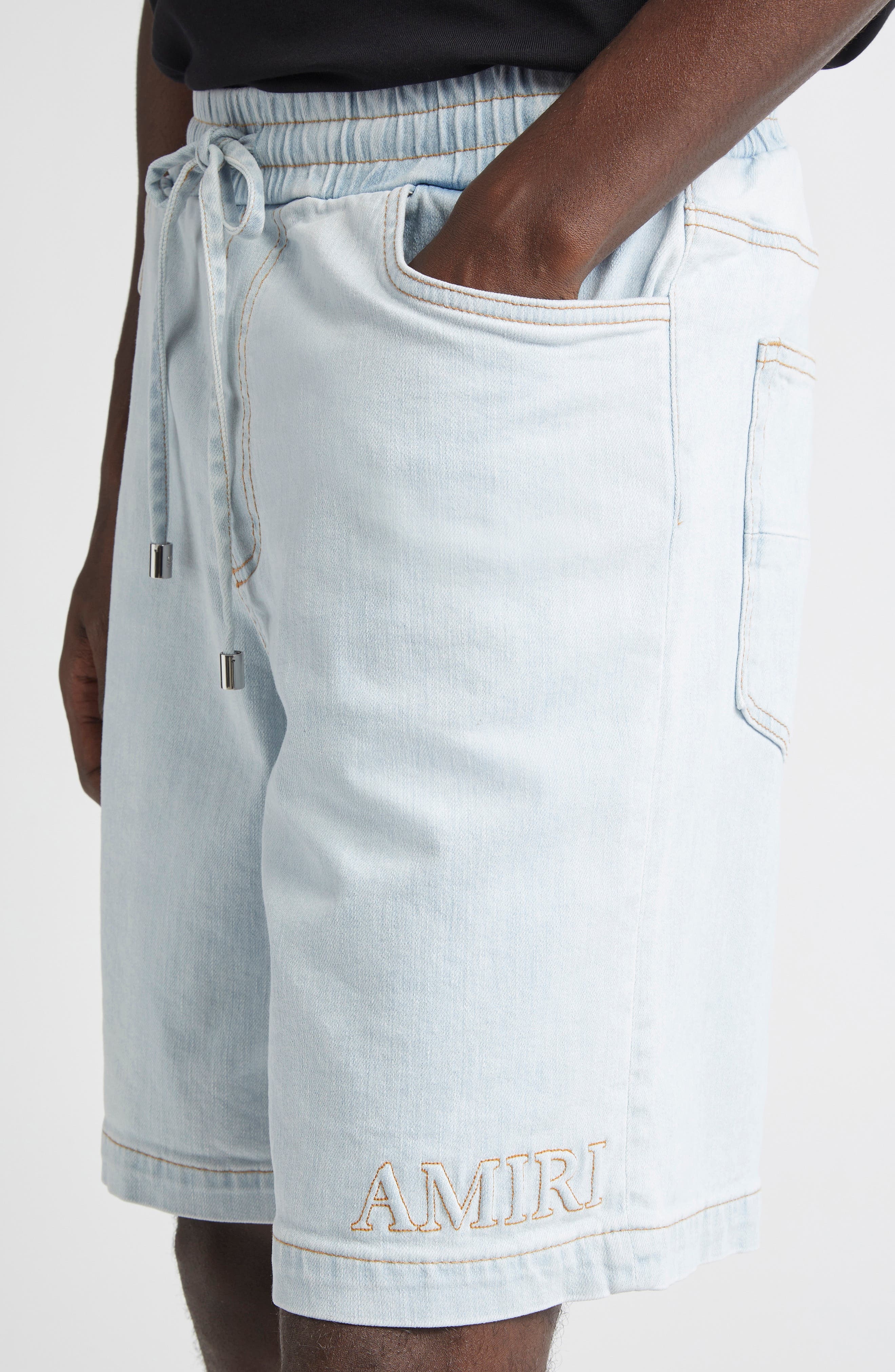 AMIRI 3D Logo Drawstring Denim Shorts in Light Indigo at Nordstrom - 5