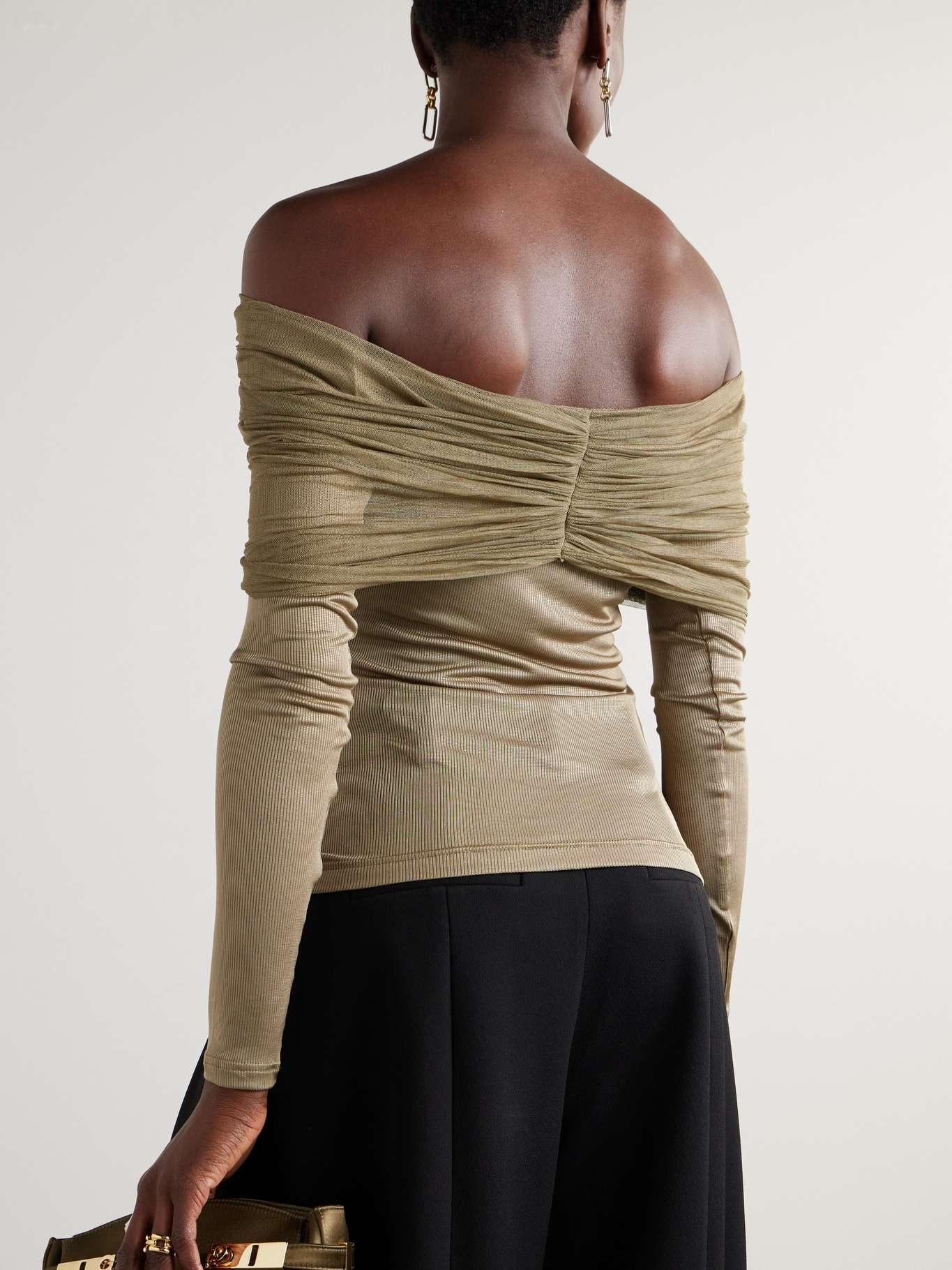 Veiled draped off-the-shoulder ribbed jersey and silk-tulle top - 3