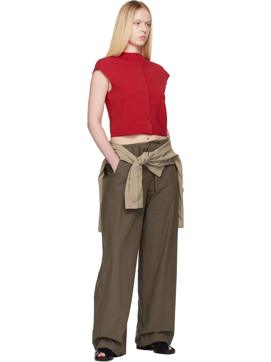 Red Wholegarment Cap Sleeve Cardigan Vest - 4
