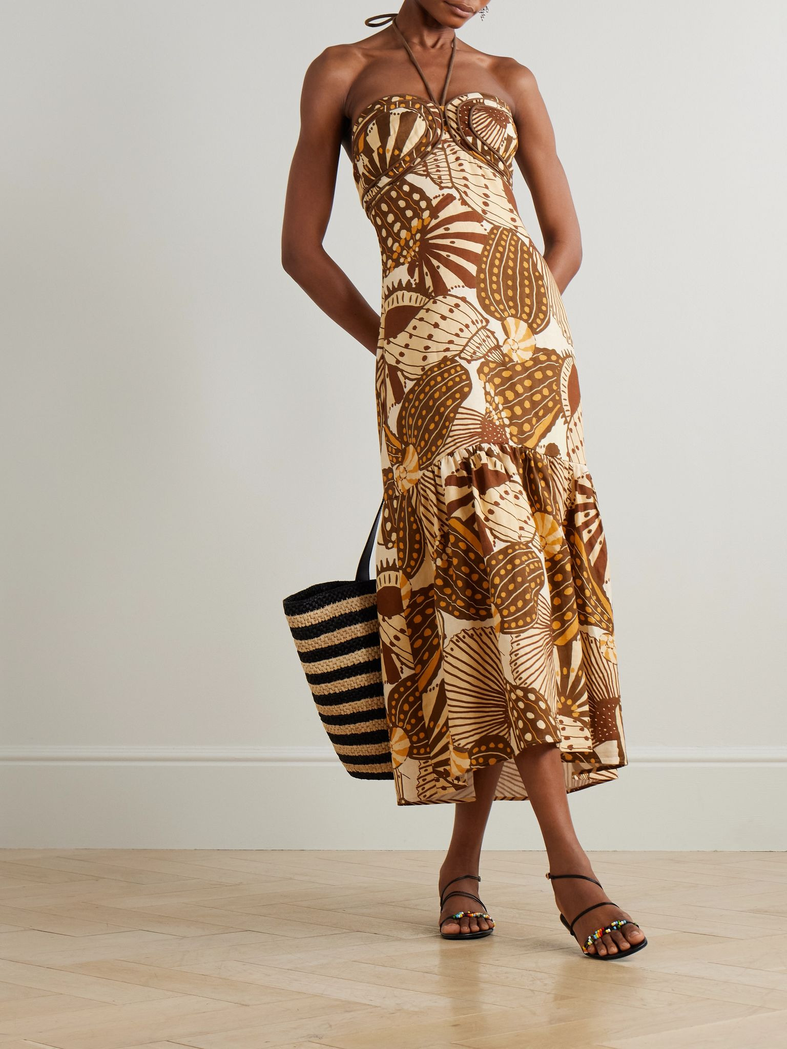 Tasseled shirred printed linen halterneck maxi dress Cream - 2