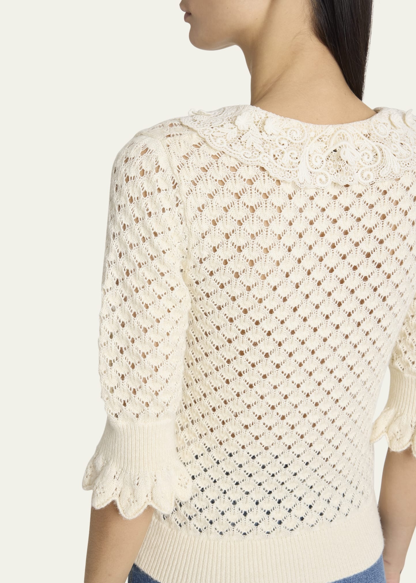 Lace-Collar Open Knit Polo Top - 5