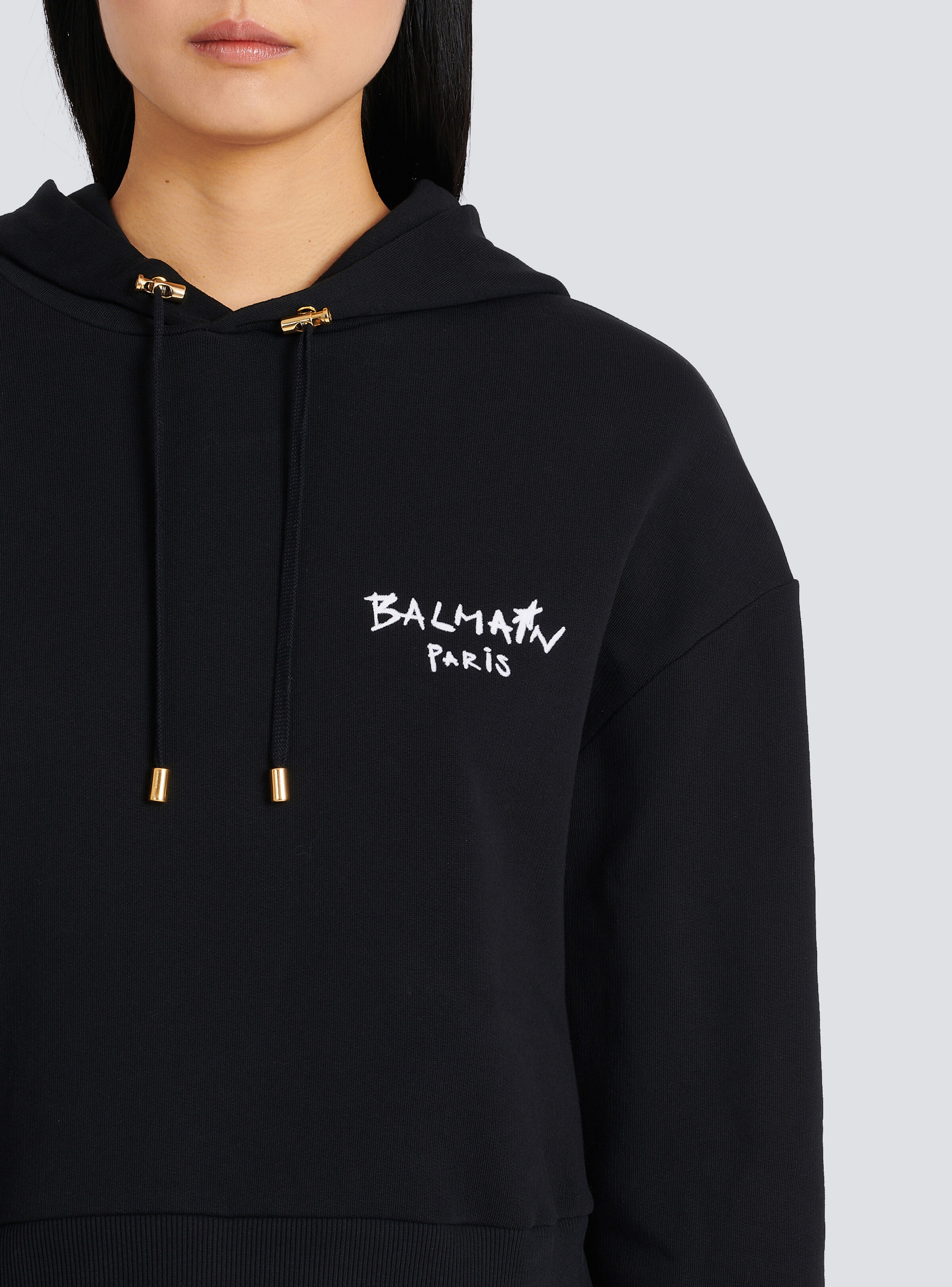 Cropped eco-design cotton sweatshirt with flocked graffiti Balmain logo - 2