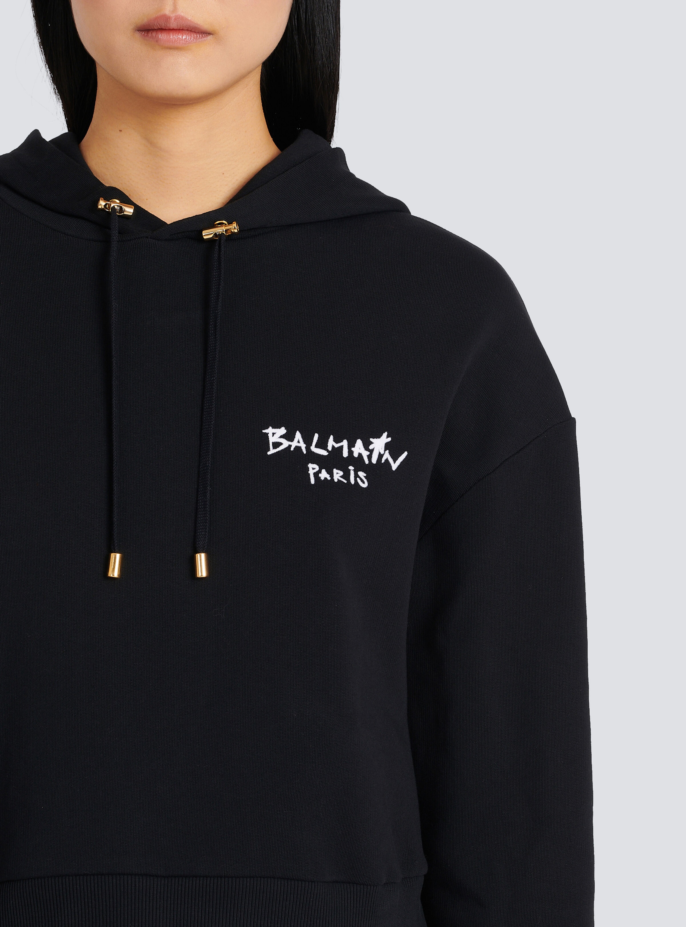 Cropped eco-design cotton sweatshirt with flocked graffiti Balmain logo - 7