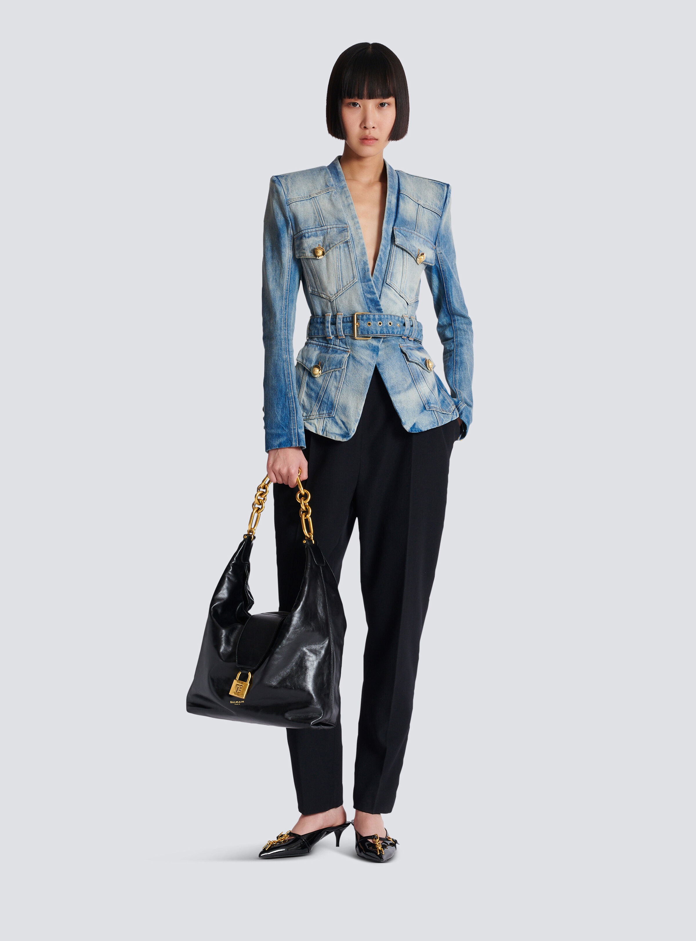 1-button belted denim jacket - 2