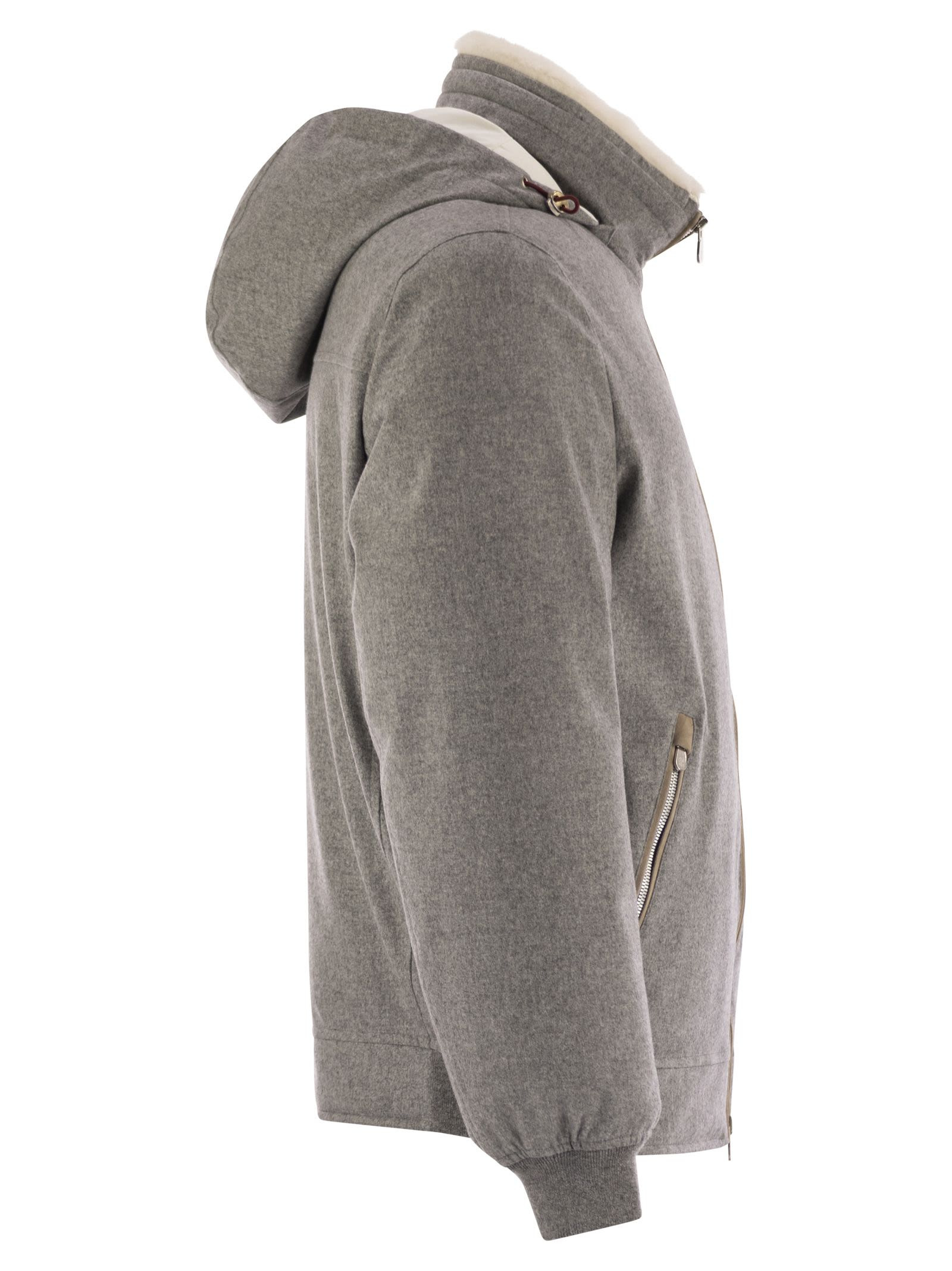 Brunello Cucinelli Men Membranated Wool Flannel Down Jacket With Shearling-Lined Collar - 3