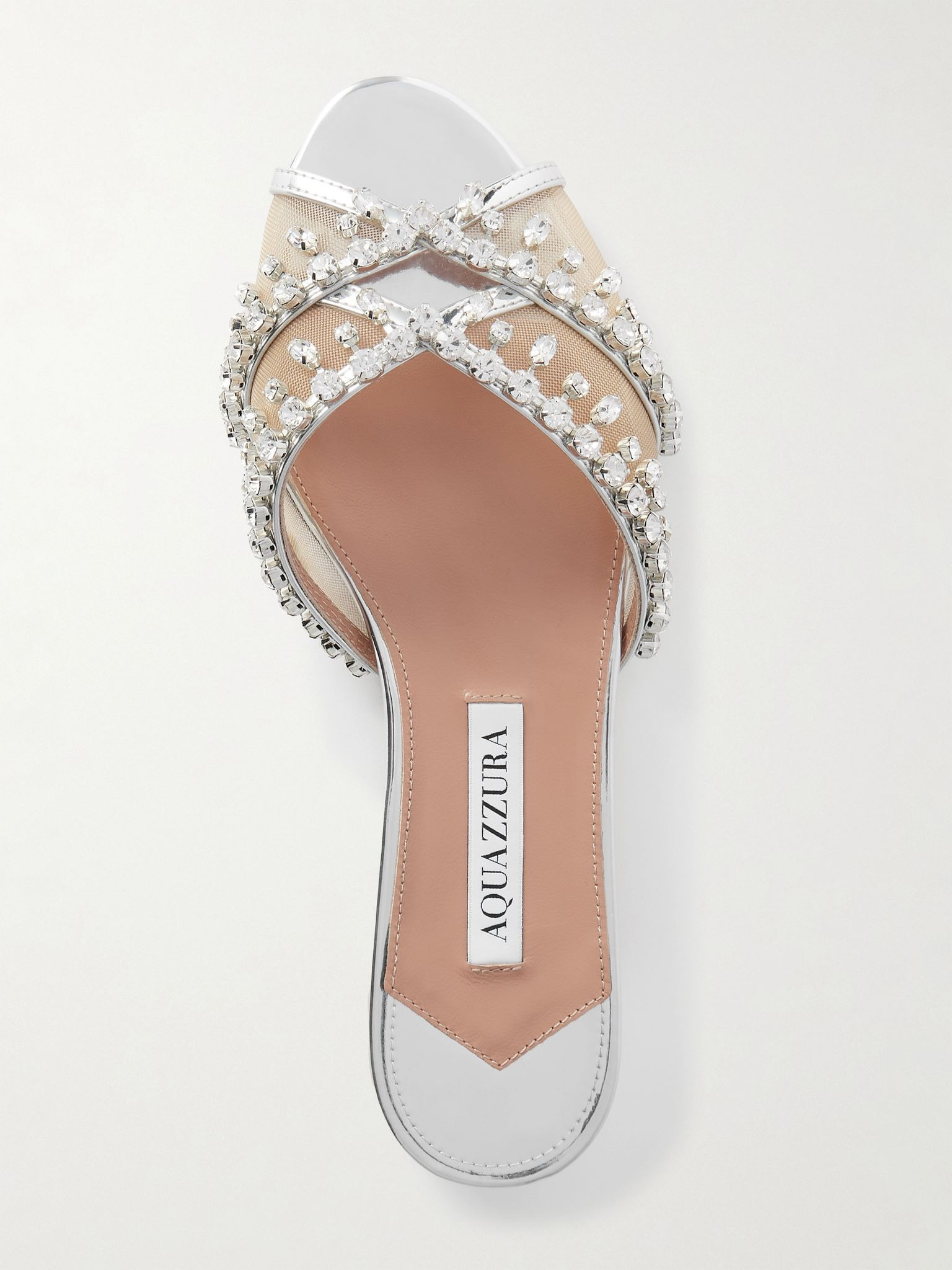 Temptation crystal-embellished mesh-trimmed metallic leather slides Silver - 5