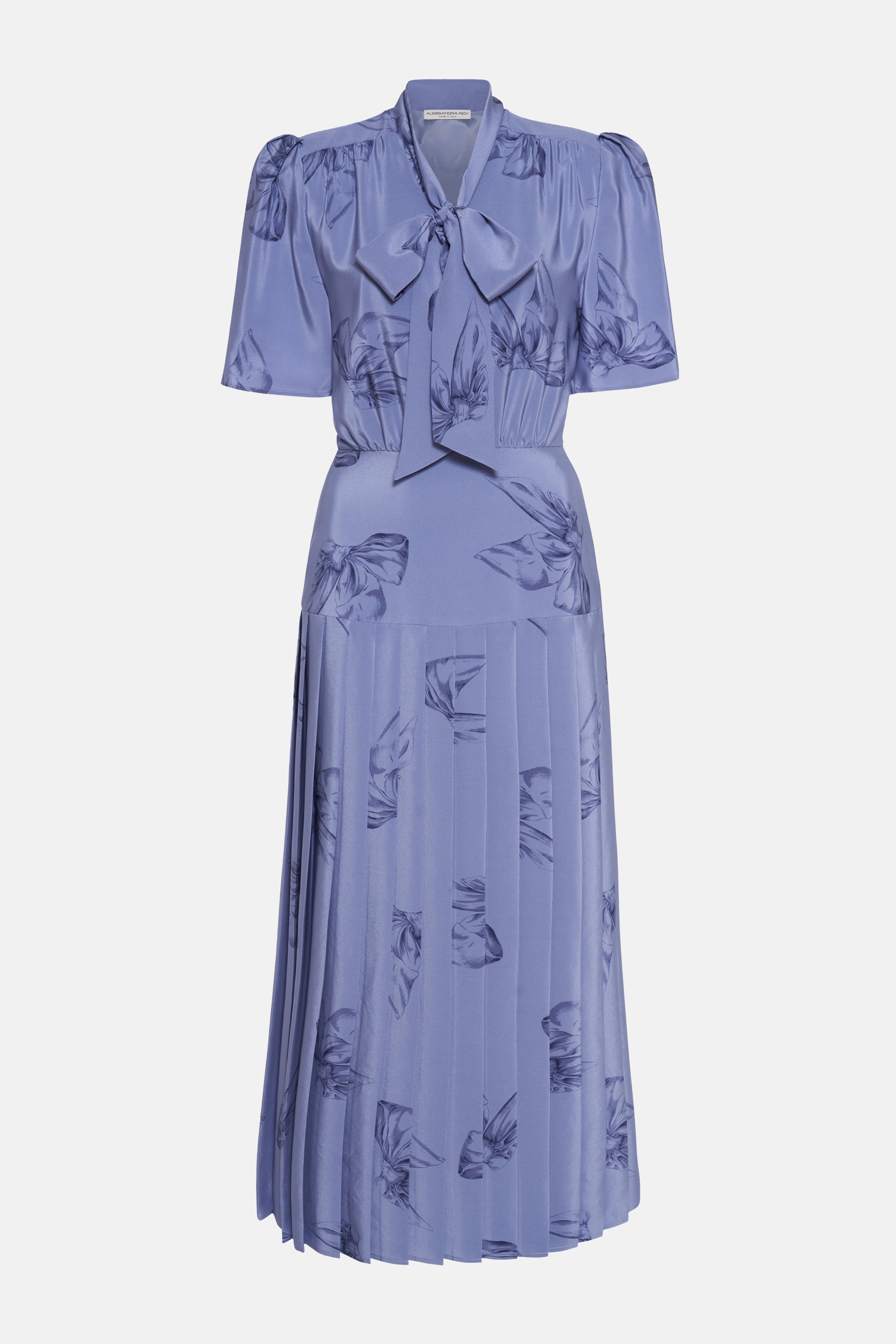 BOW PRINT SILK PLEATED DRESS WITH BOW - 1