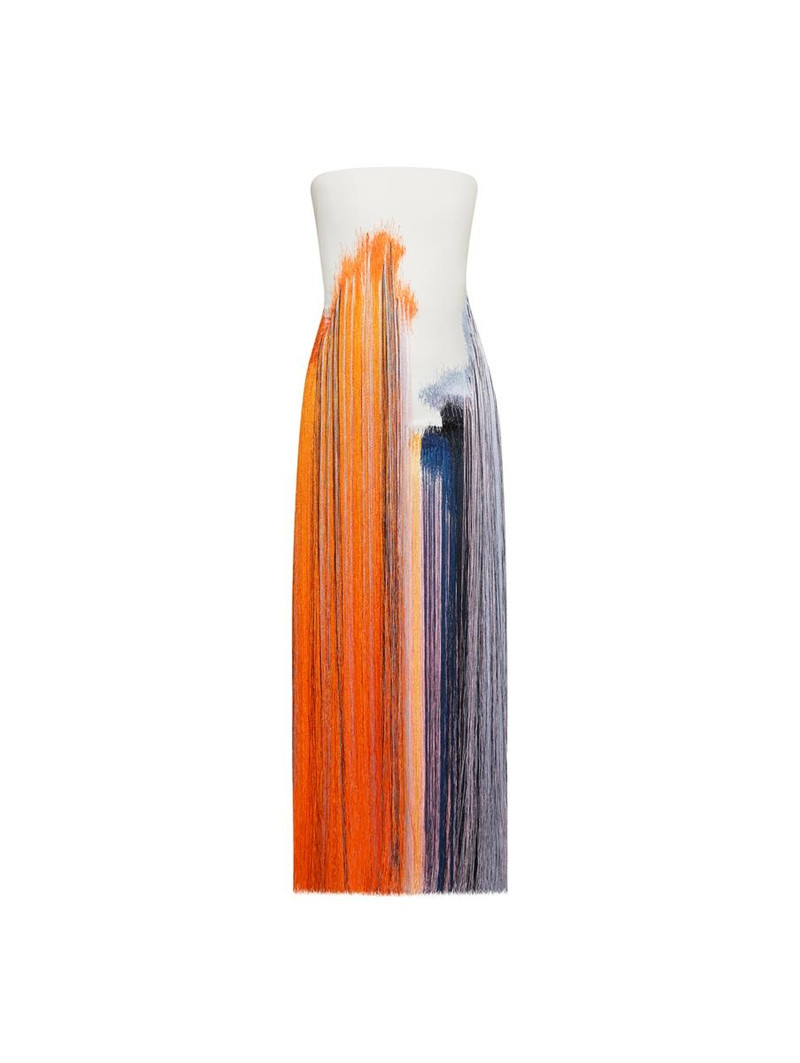 oscar de la renta abstract brushstroke fringe cocktail dress Color-bright fringe cascades the skirts of standout eveningwear. On a  strapless cocktail dress, silk fringe embroidery emulates the technique of  the season's hero abstract print. #odlrprefall2024 Discover the Oscar de la  Renta