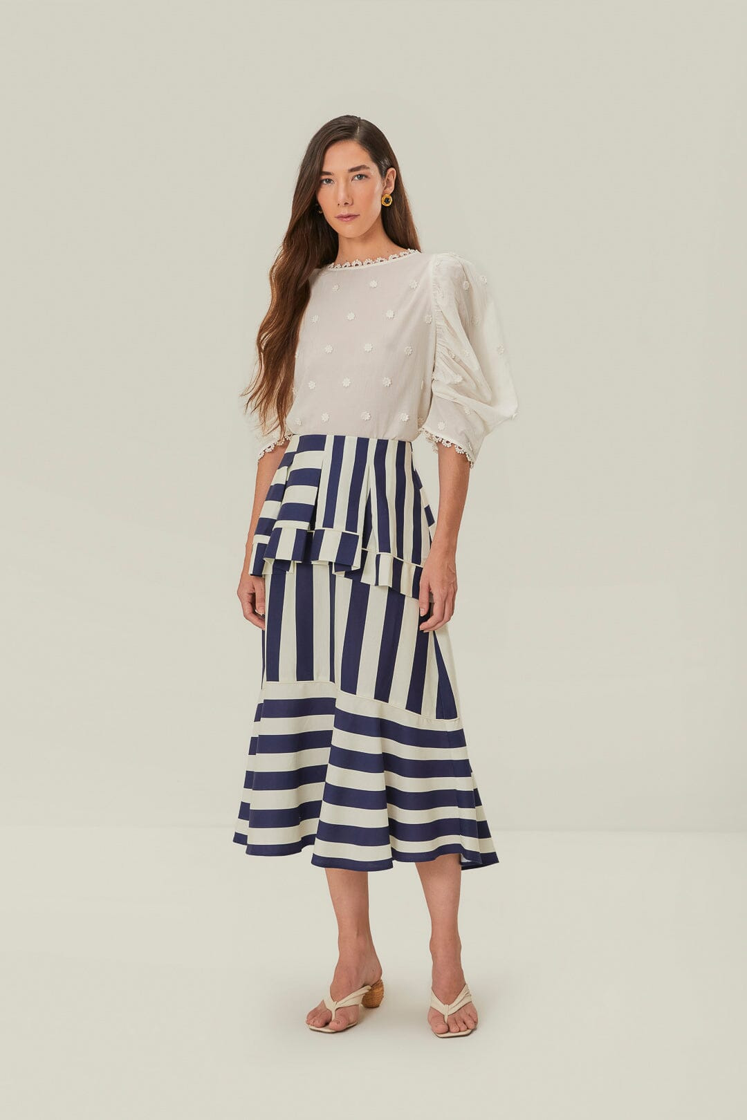 Blue Mixed Stripes Midi Skirt - 1