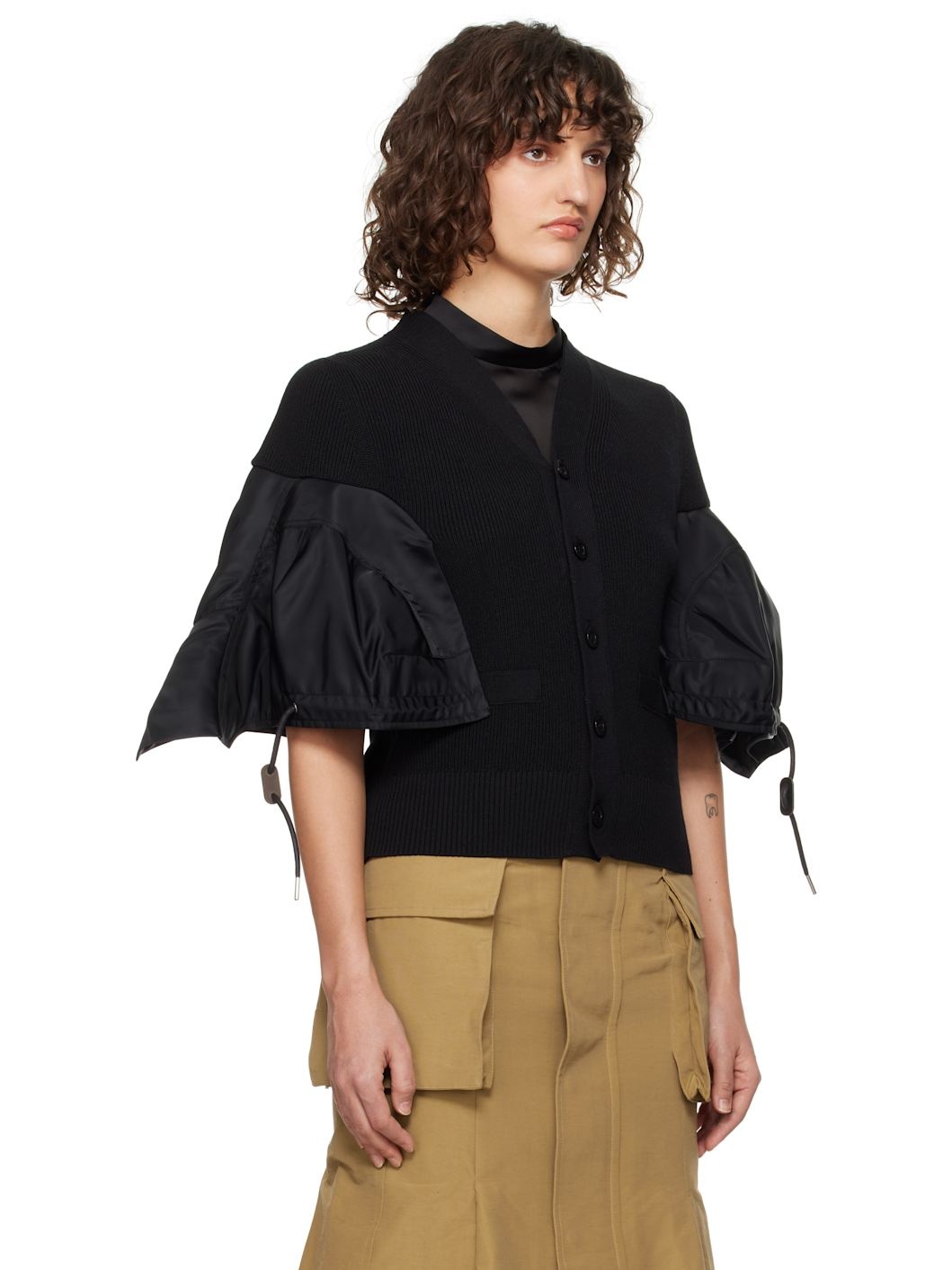Black Nylon Twill & Knit Cardigan - 2