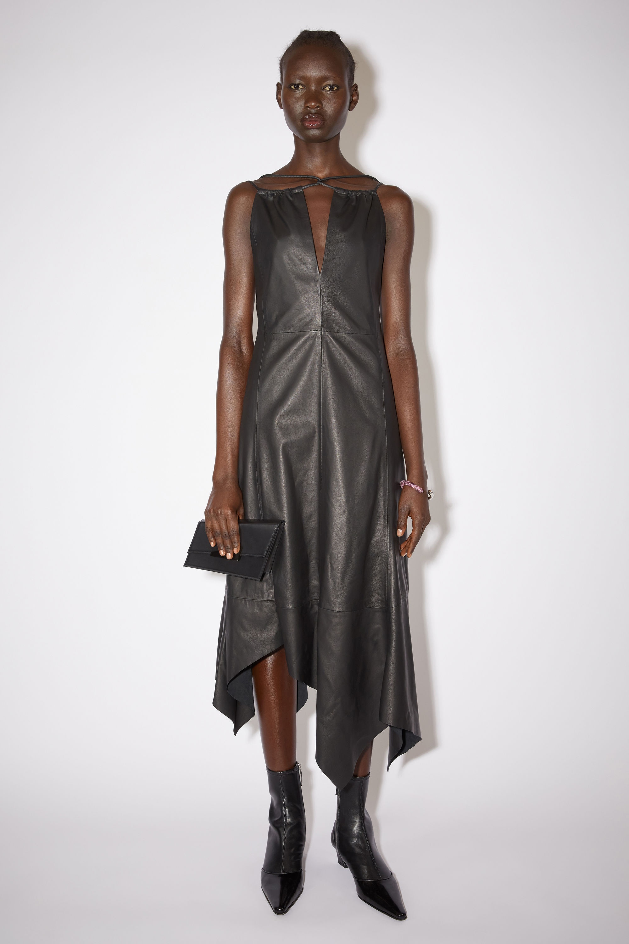 Front-tie asymmetrical leather dress - Black - 2