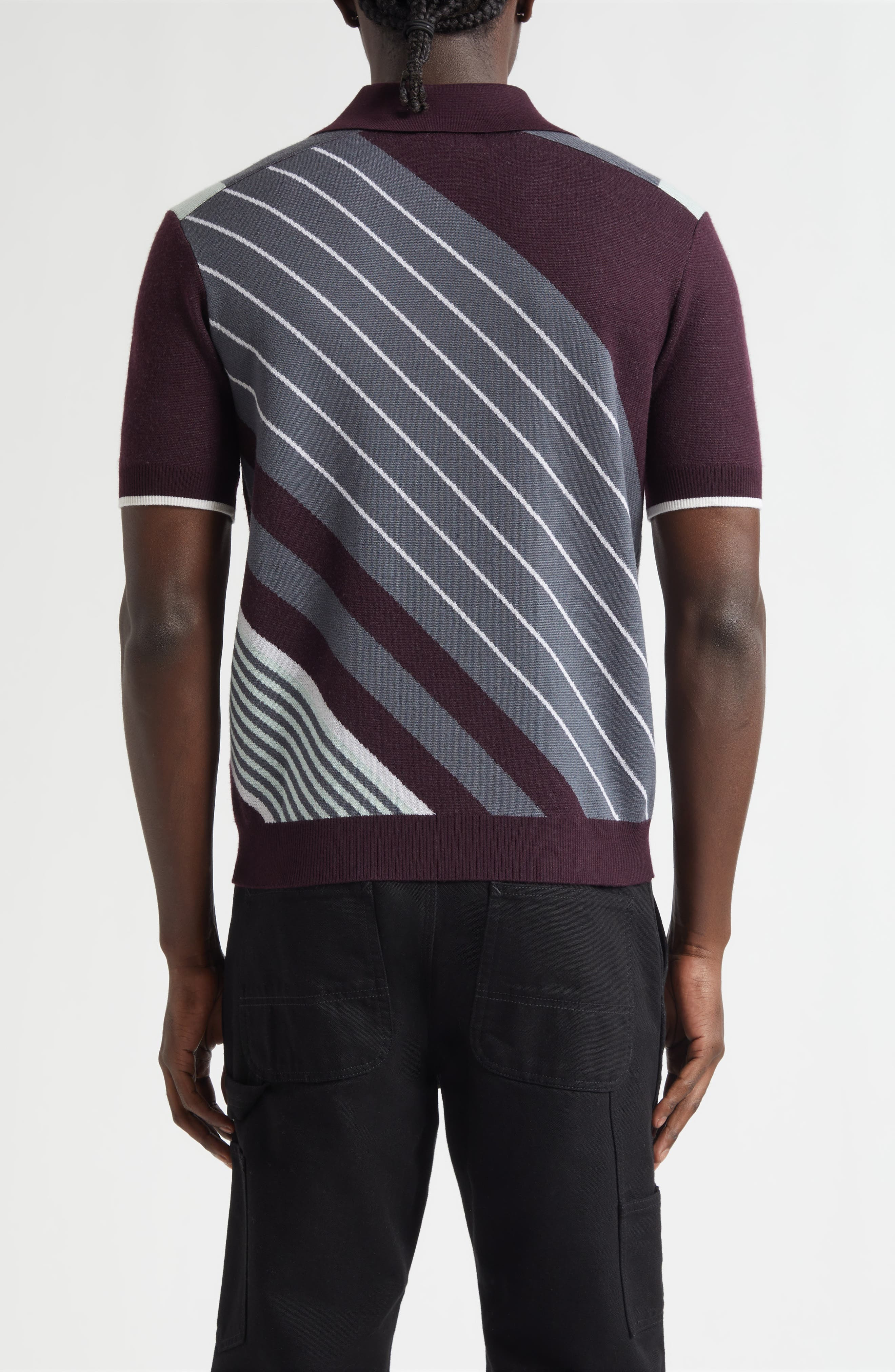 Casablanca Diagonal Stripe Merino Wool Quarter Zip Polo in Aubergine at Nordstrom - 2