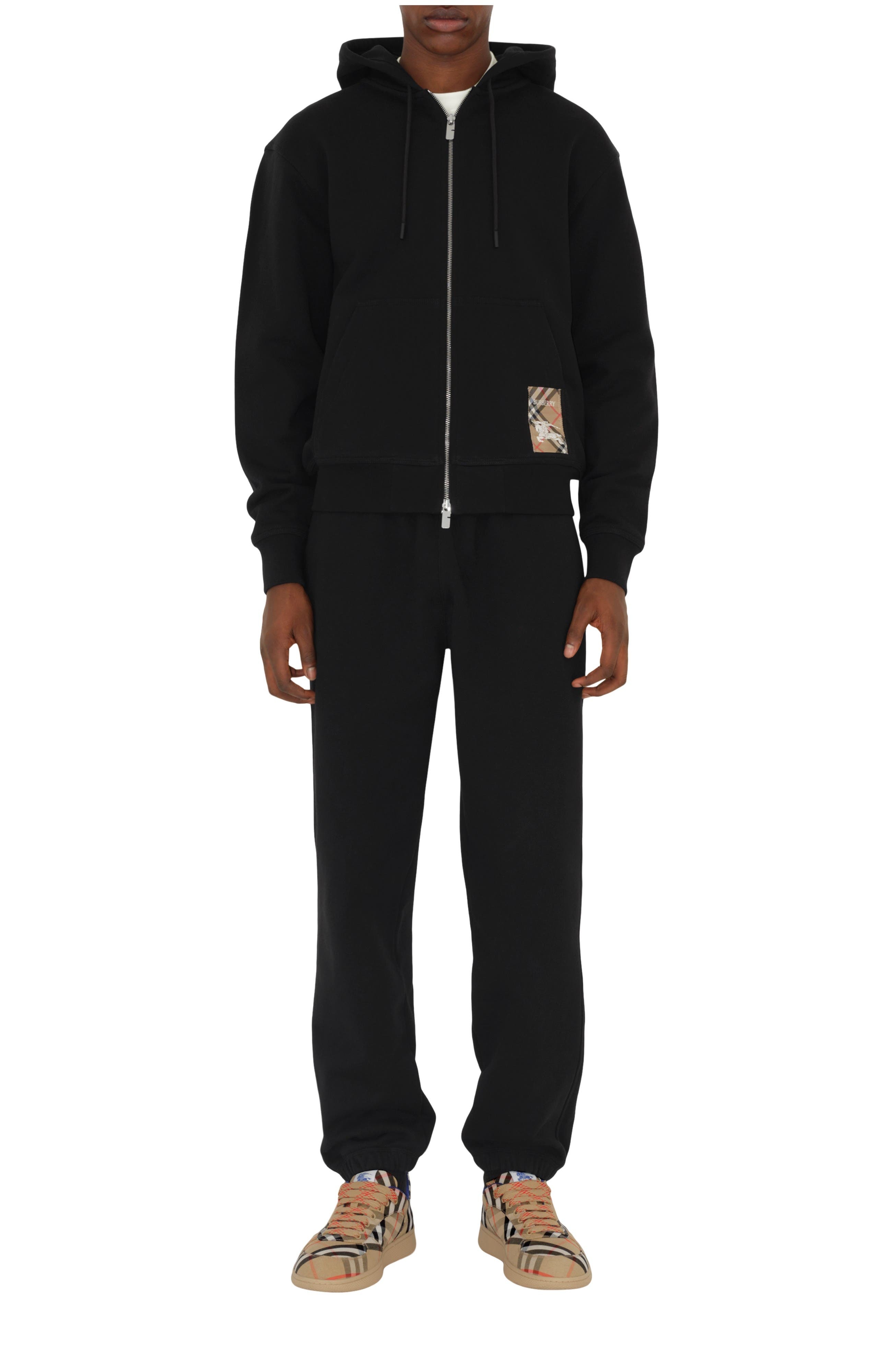 burberry Check Label Cotton Zip Hoodie in Black at Nordstrom - 1
