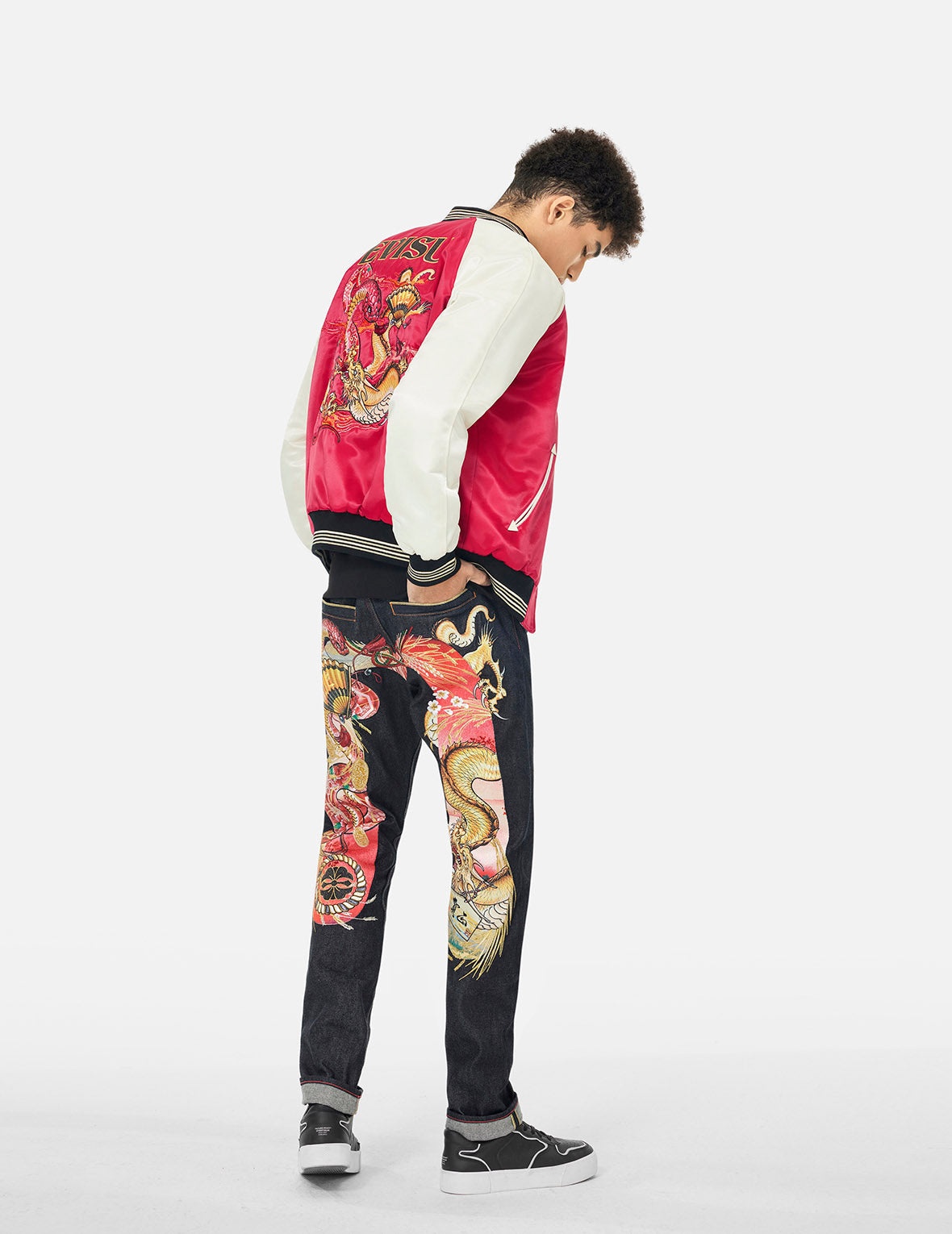 Soaring Snake Embroidery and Traditional Japanese Totem Prints Reversible Relax Fit Souvenir Jacket - 5