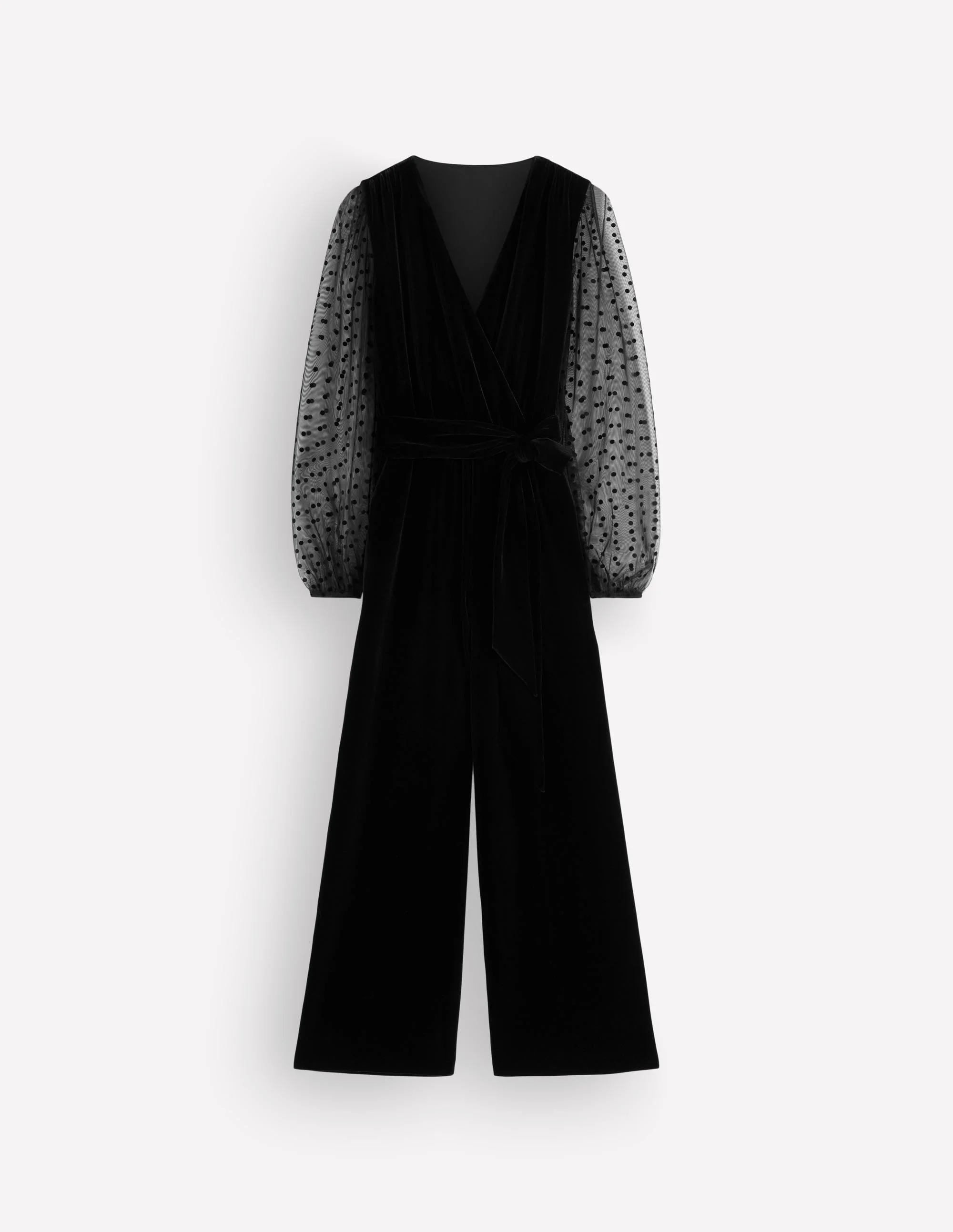 Velvet Tulle Sleeve Jumpsuit-Black - 1