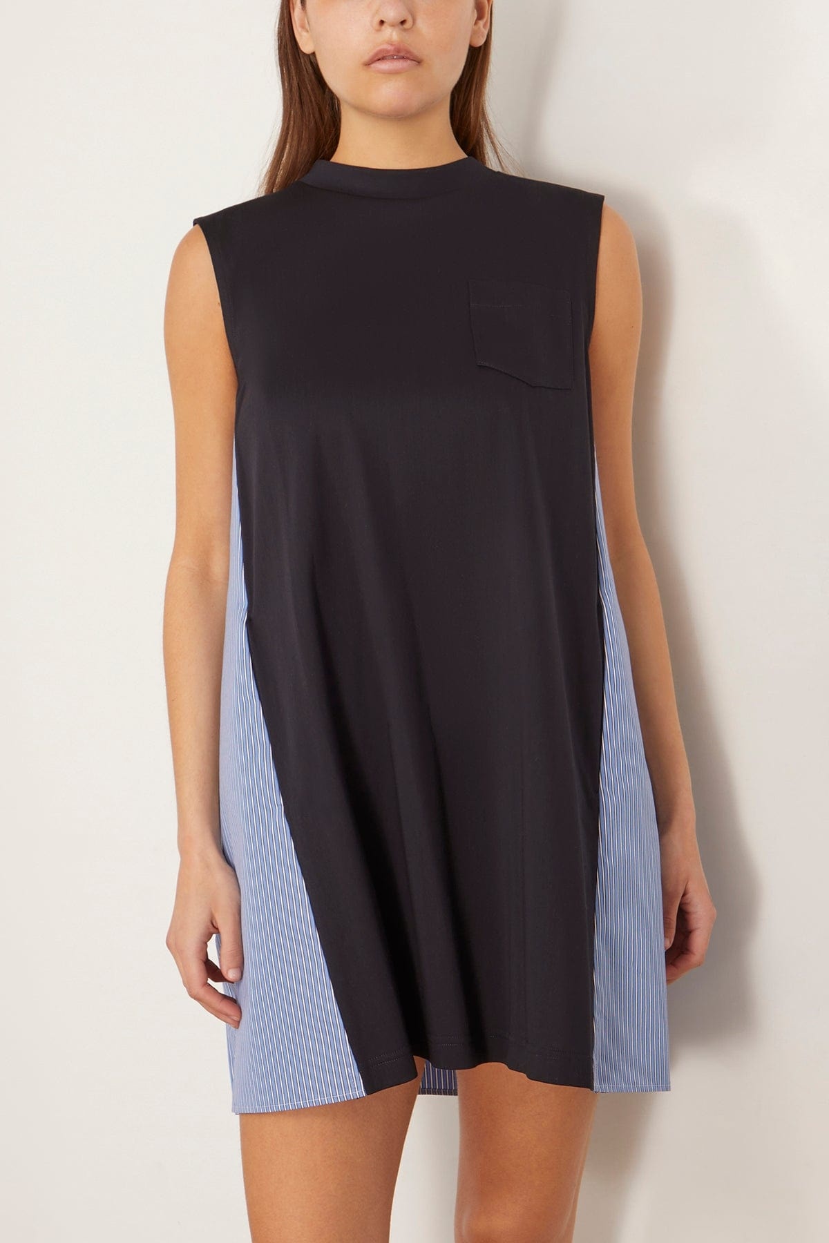 Cotton Poplin x Cotton Jersey Dress in Navy and Blue Stripe - 3