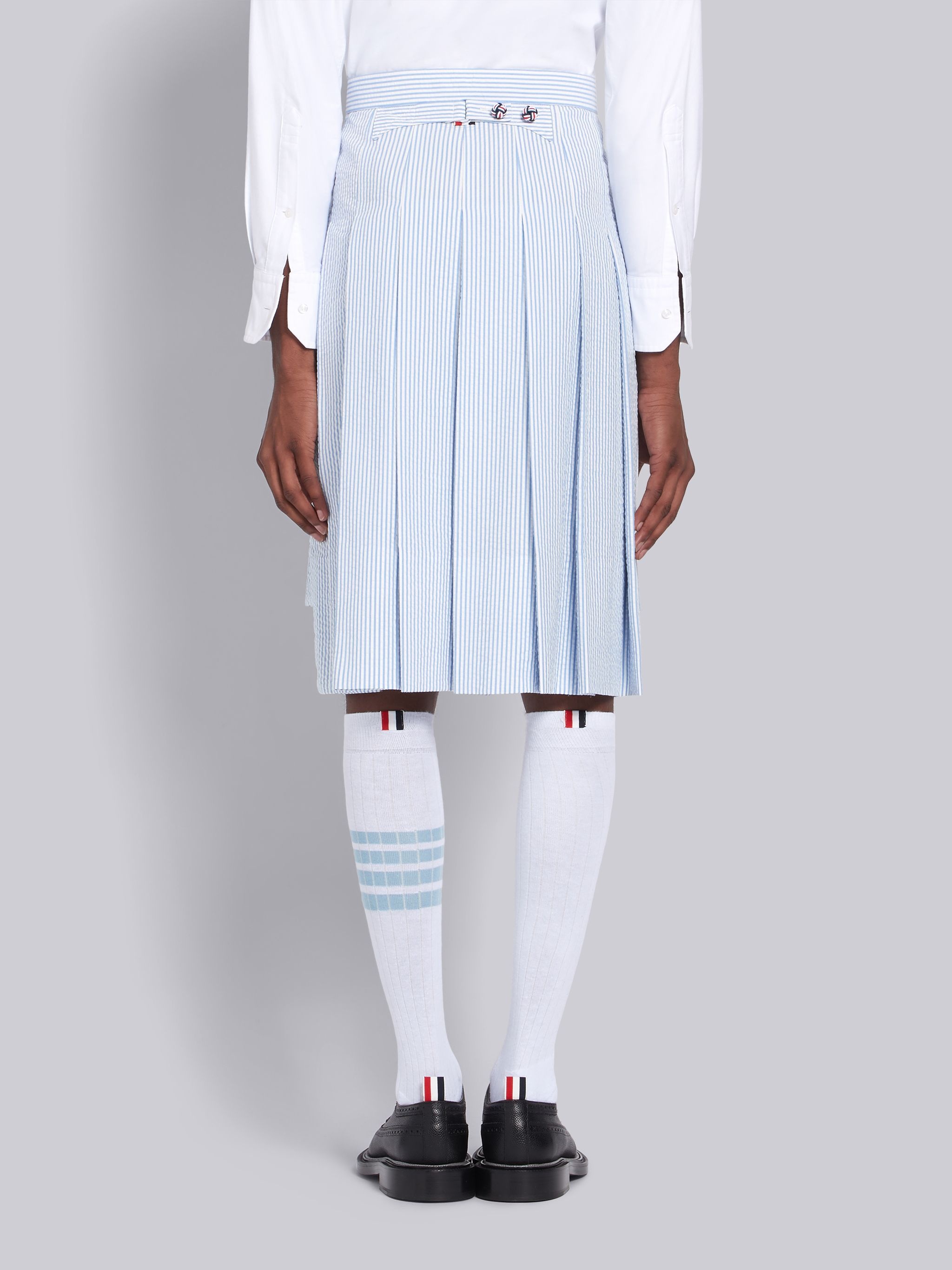 Blue Seersucker Striped Knee Length Pleated Skirt - 3