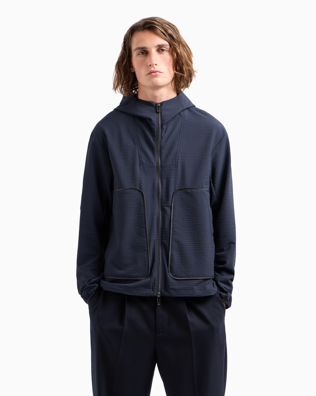 Technical-seersucker hooded blouson with zip - 2