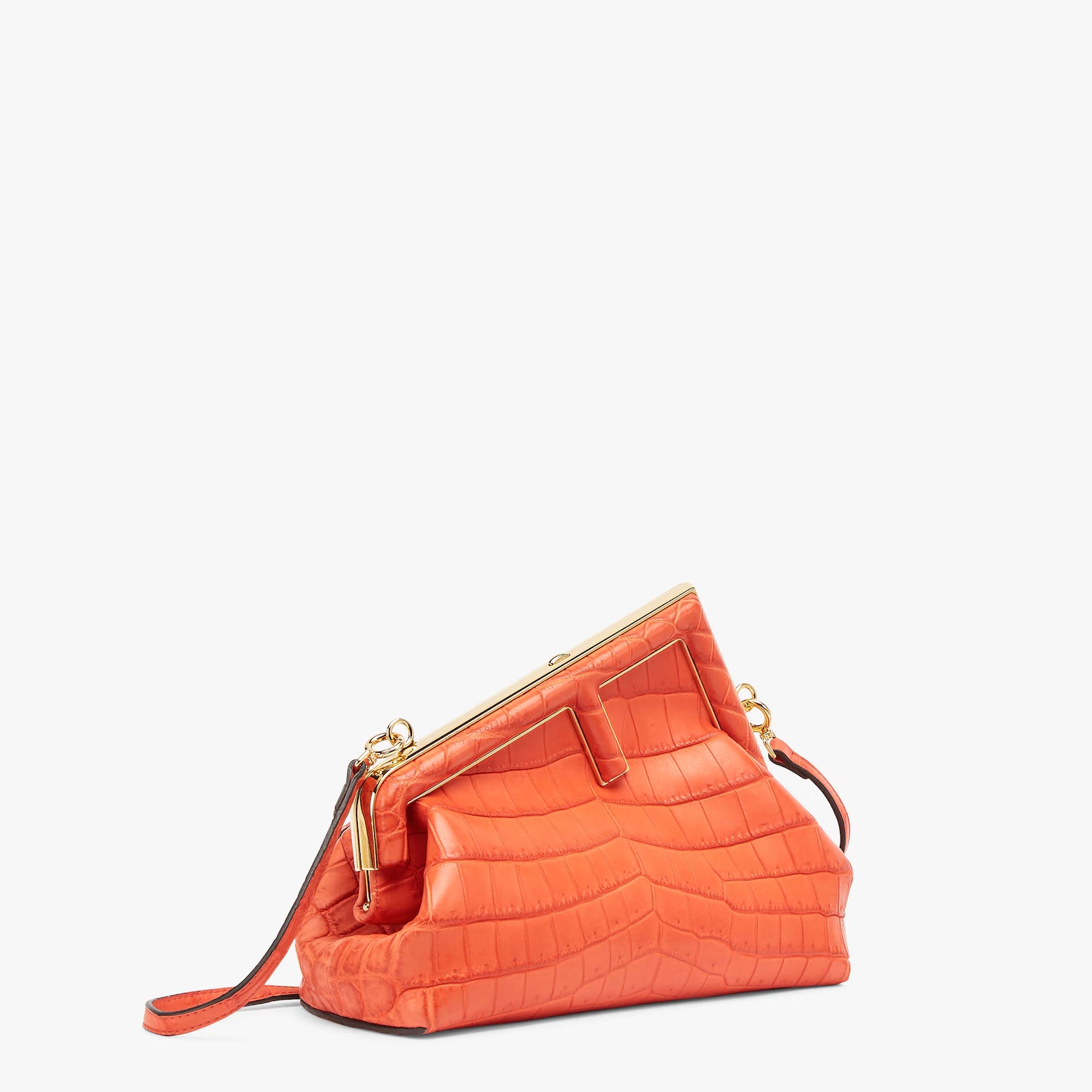 Small Fendi First bag in exquisite red crocodile leather with an oversized F metal clasp with tone o 2