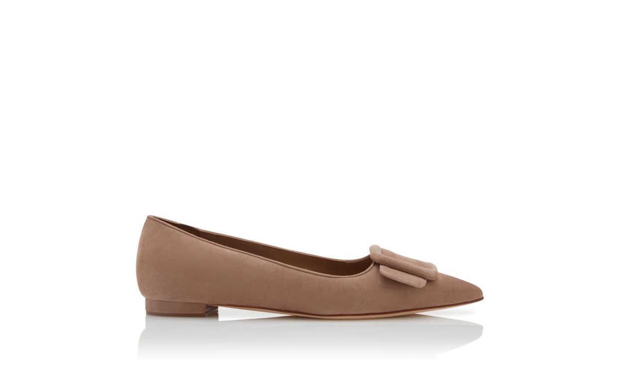 Beige Suede Buckle Detail Flat Pumps - 1