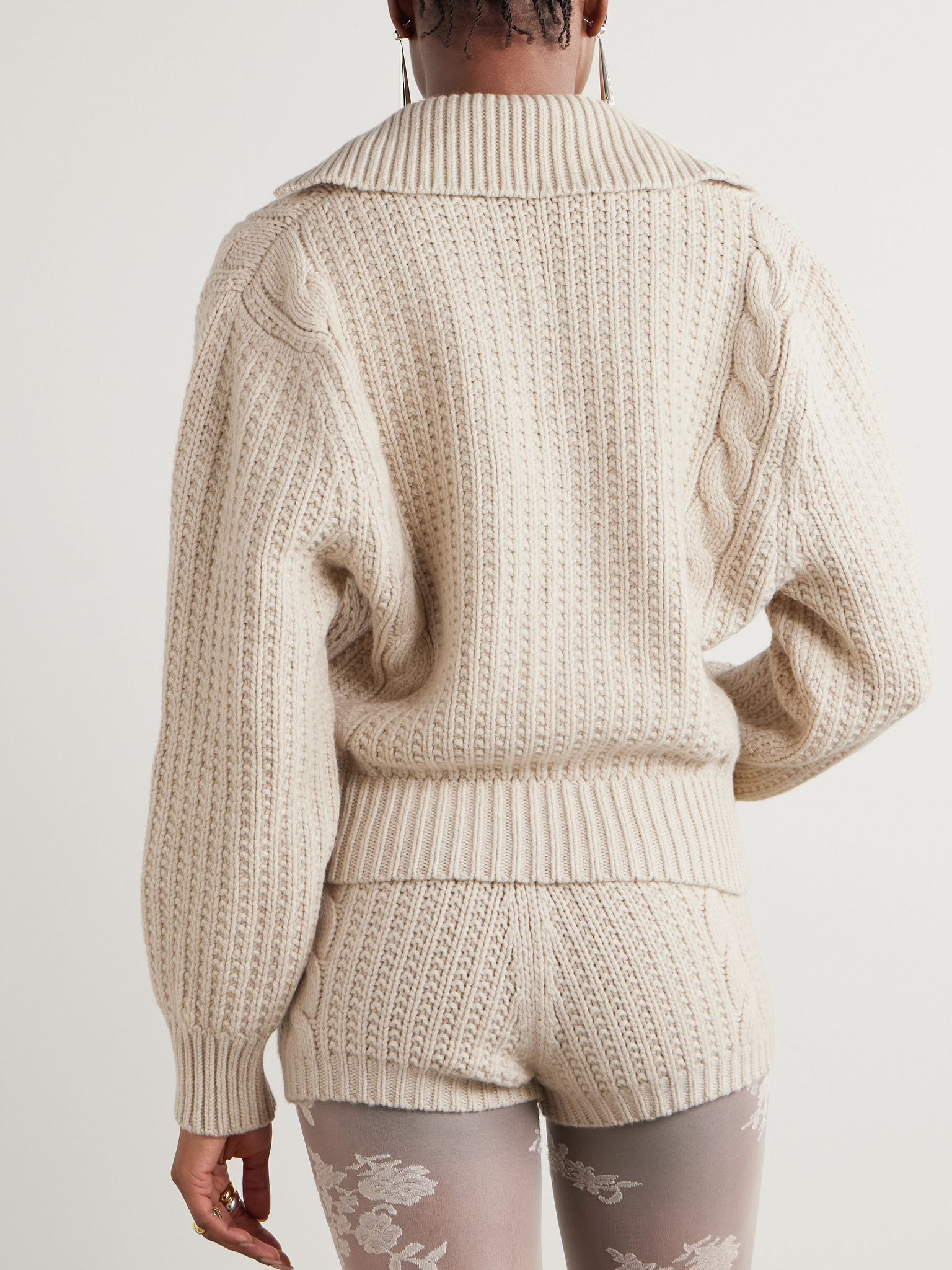 Ribbed and cable-knit cashmere polo shirt Beige - 3