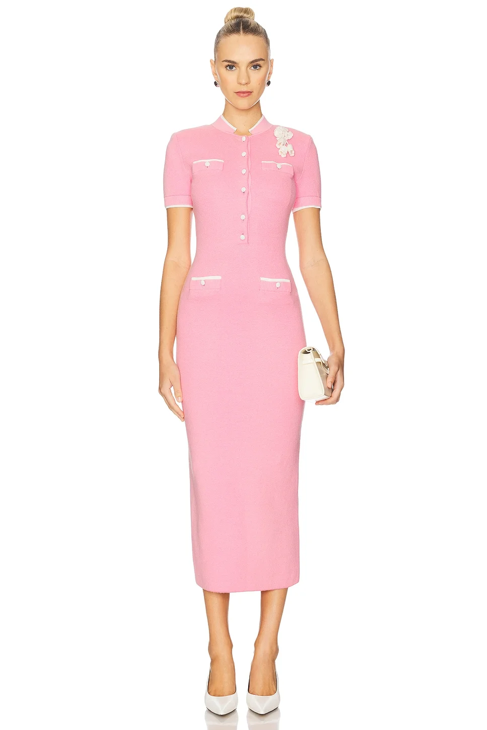 Pink Crochet Flower Knit Midi Dress - 1