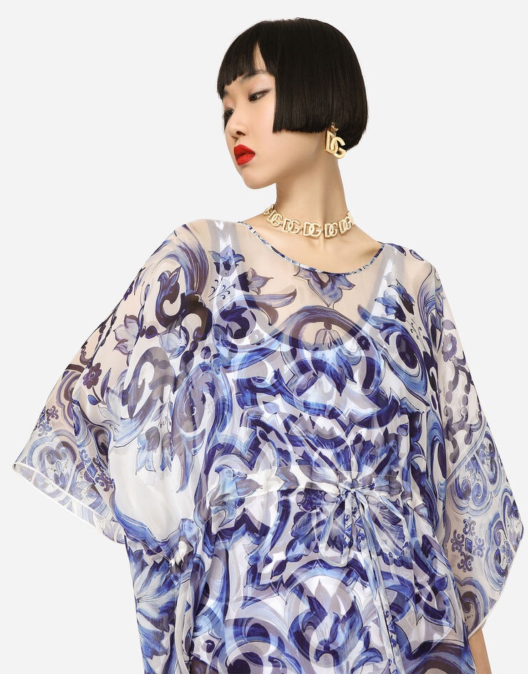 Short majolica-print chiffon caftan - 4