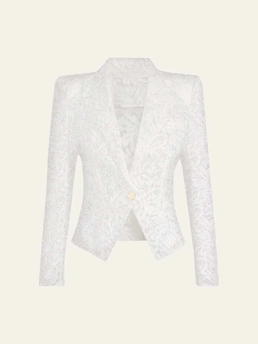 One-Button Floral Lace Blazer - 1