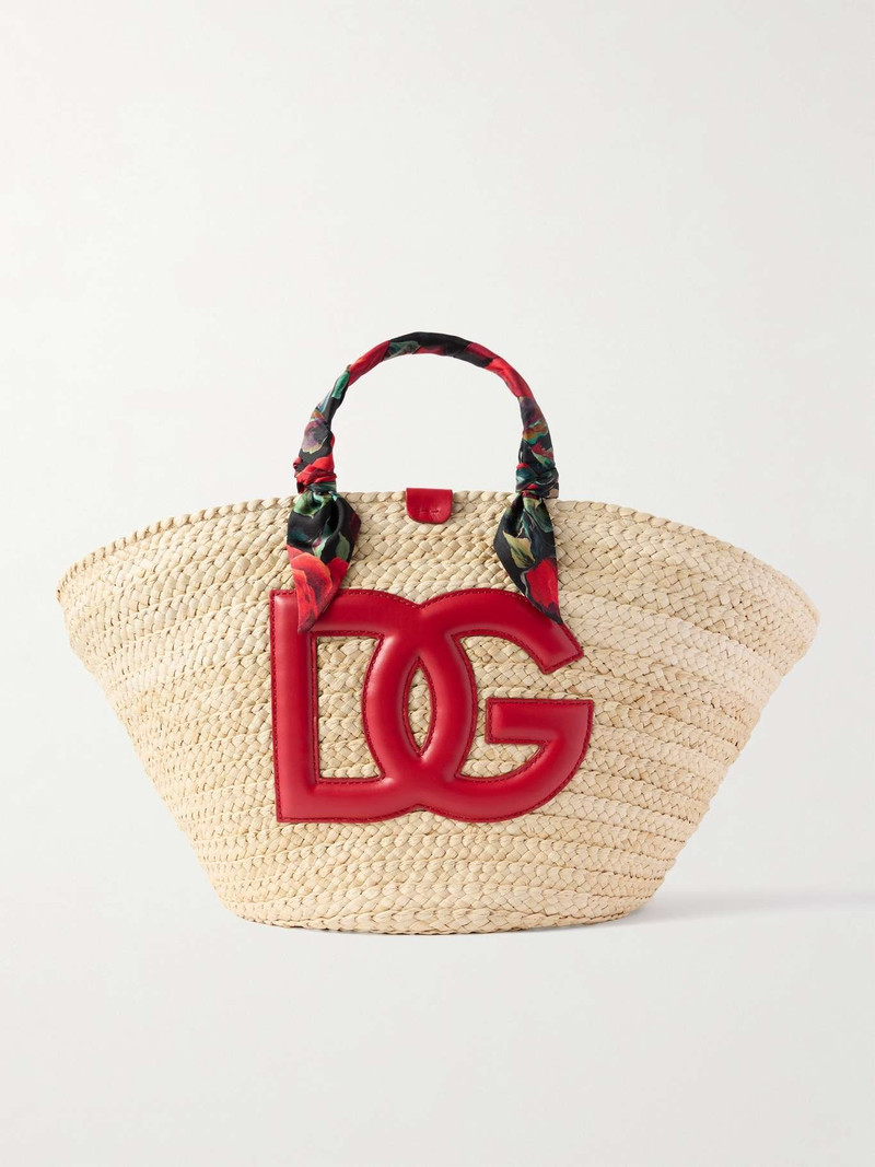 Kendra leather and floral-print satin twill-trimmed raffia tote 1