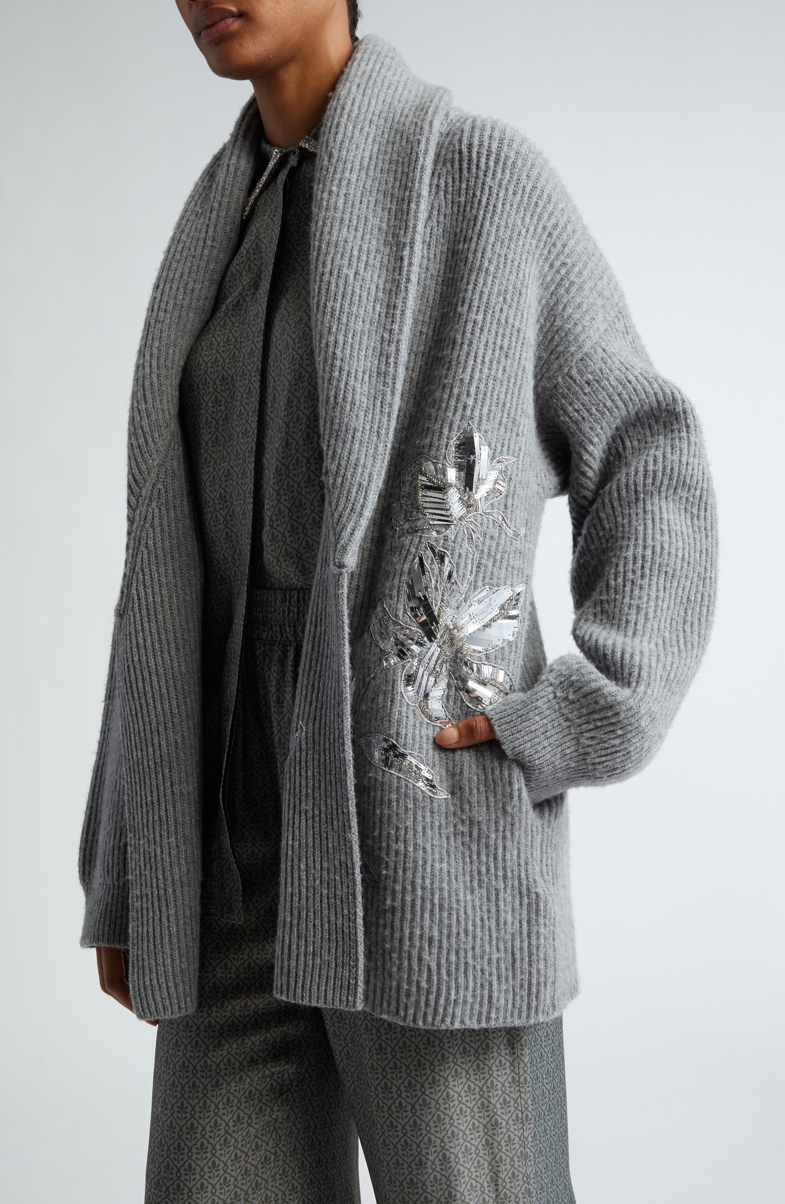 Golden Goose Embellished Virgin Wool Belted Cardigan in Grey Melange at Nordstrom - 5