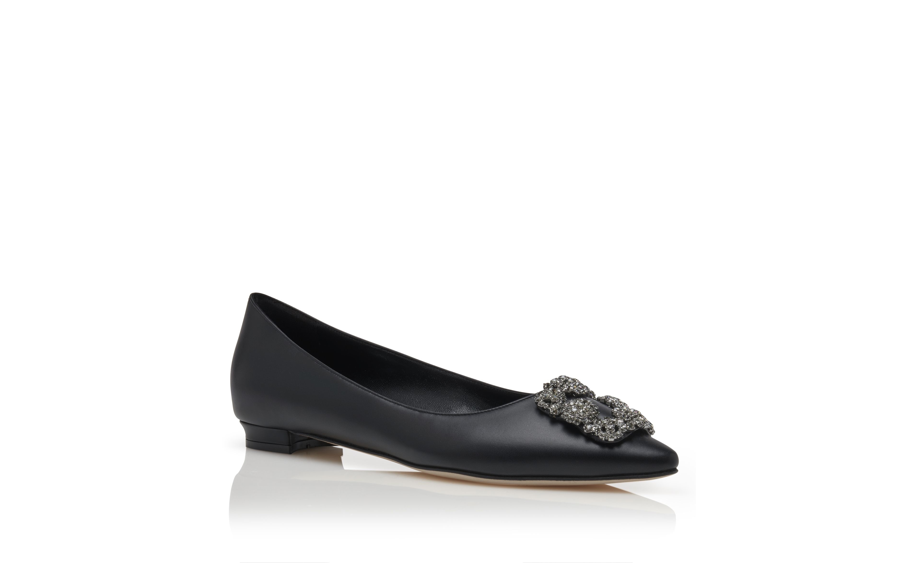 Black Calf Leather Jewel Buckle Flat Shoes - 3