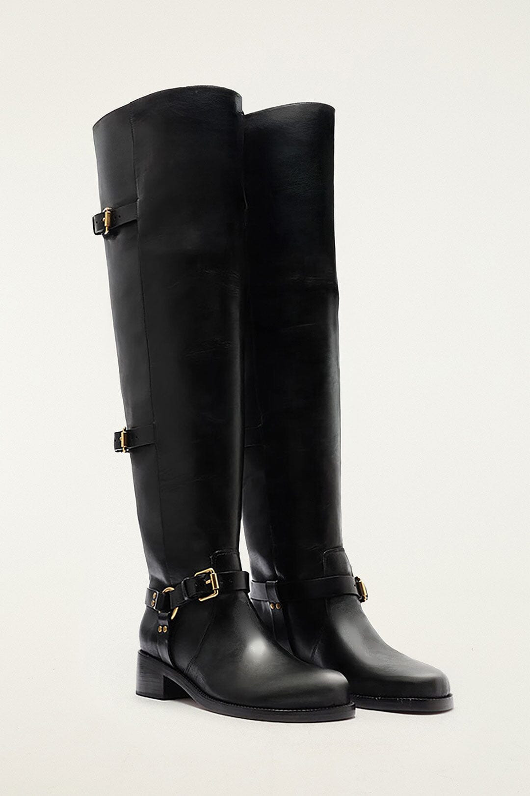 Black Distressed Leather Buckled Over-The-Knee Boot - 5
