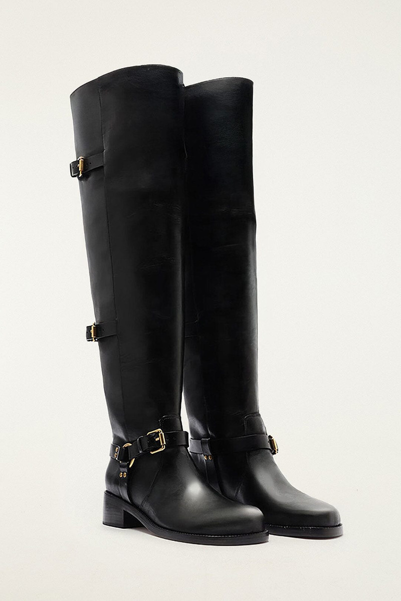 Black Distressed Leather Buckled Over-The-Knee Boot 5