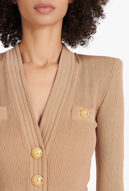 Short sand-colored eco-designed knit dress with gold-tone buttons - 6