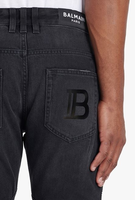 Slim cut faded and ridged black cotton jeans with Balmain monogram on hem - 8