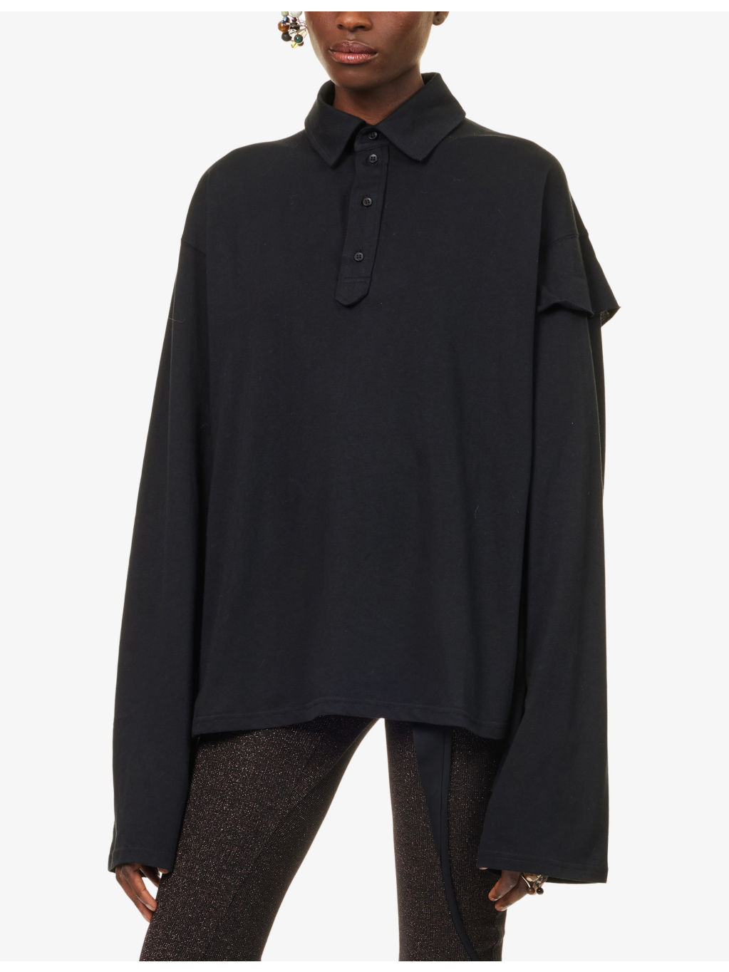 Oversized Long-Sleeves Cotton-Jersey Polo Shirt - 3