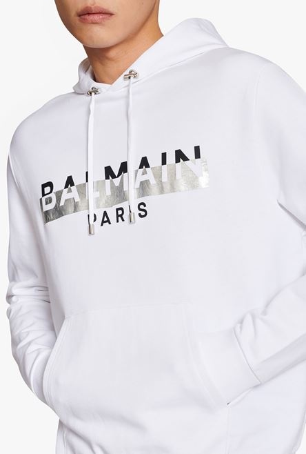 White eco-designed cotton sweatshirt with black and silver Balmain Paris metallic logo print - 6