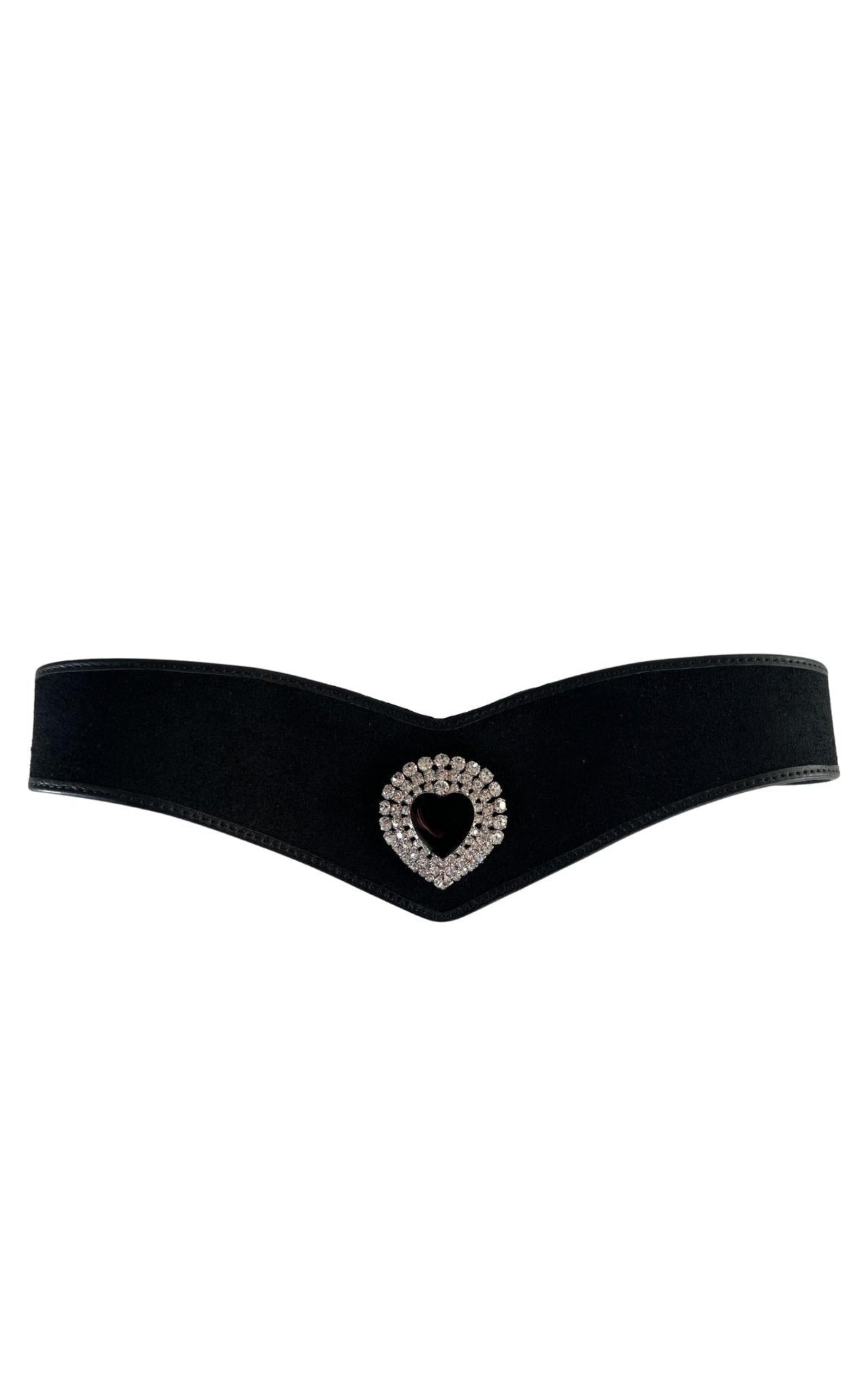 Black Leather and Velvet Crystal Heart Belt - 3