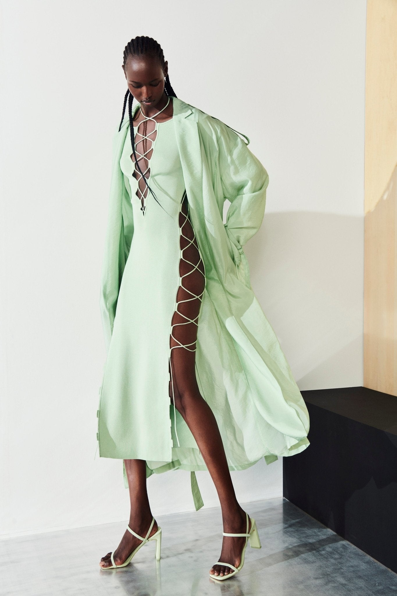 Shiny Viscose Longsleeve Lace Up Dress - 2