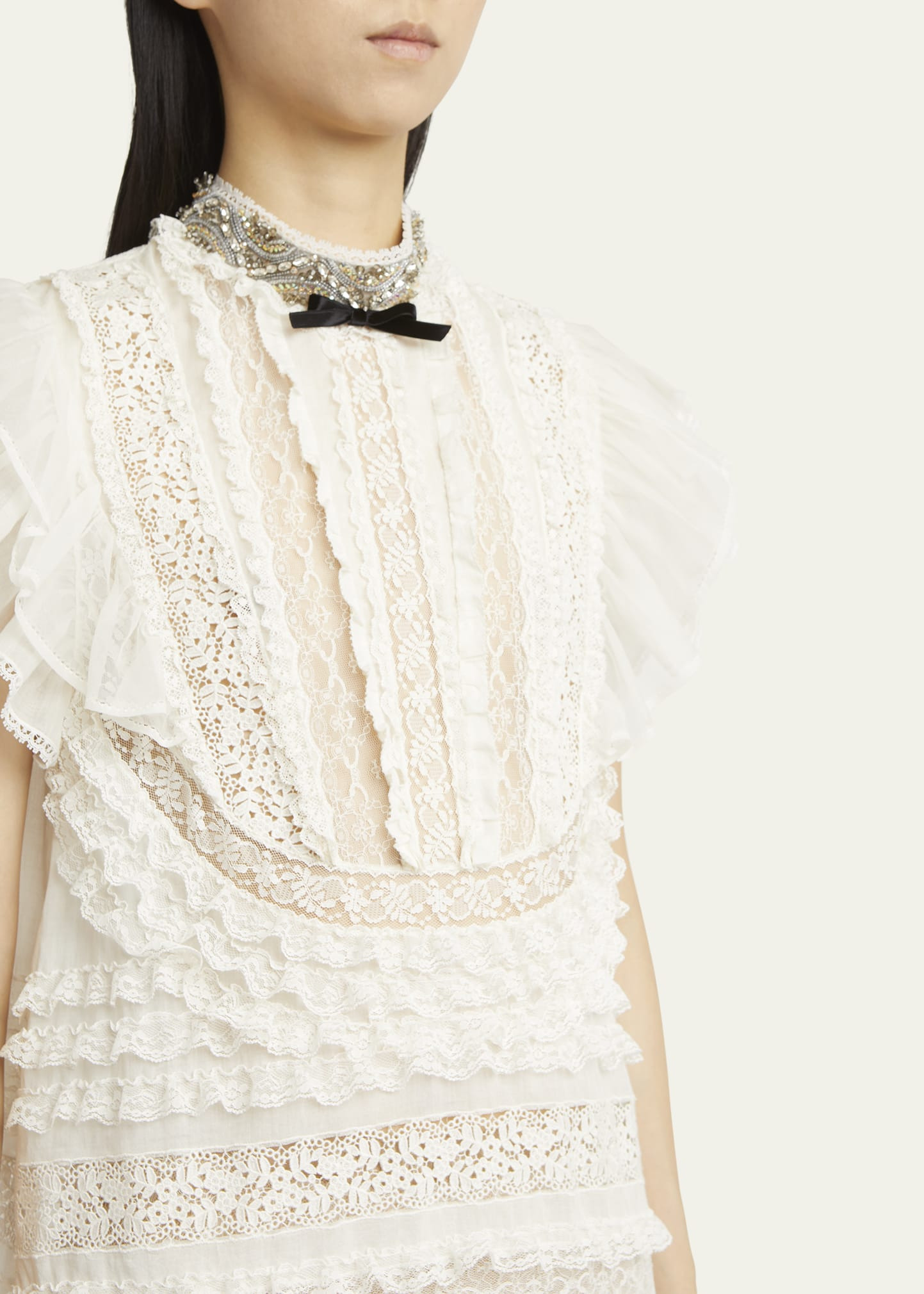 Crystal Neckline Ruffle Bow Linen Dress - 5