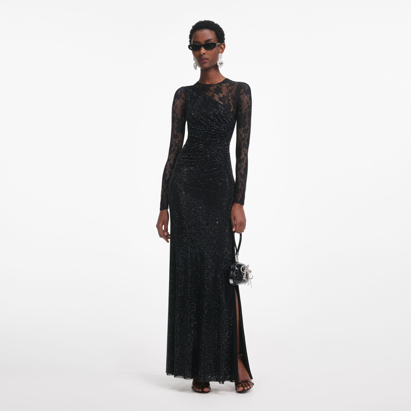 Black Rhinestone Lace Sleeves Maxi Dress - 1