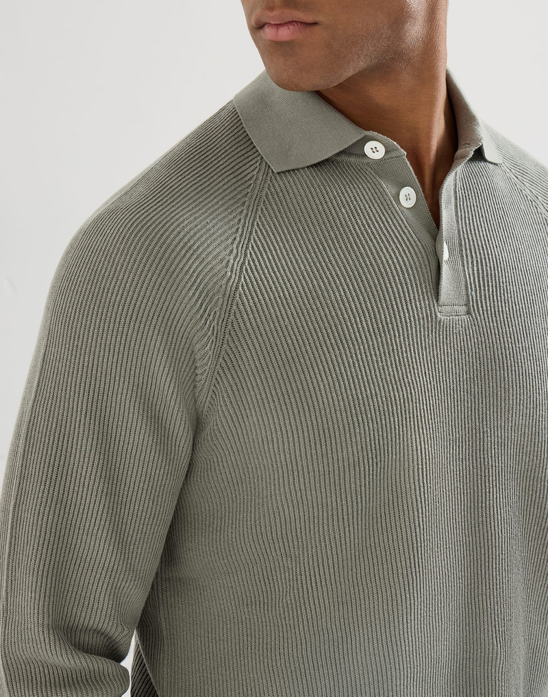 Cotton English rib knit polo with long raglan sleeves 4